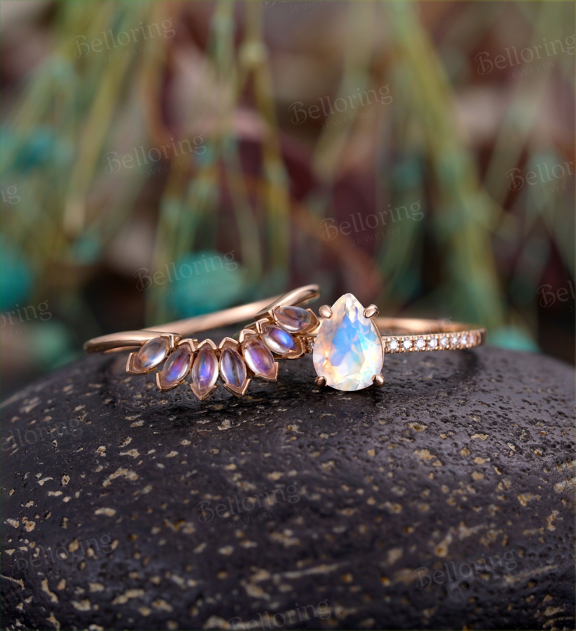 Moonstone engagement ring for , Marquise cut moonstone wedding band,Vintage rose gold wedding set,Art deco Jewelry unique gift