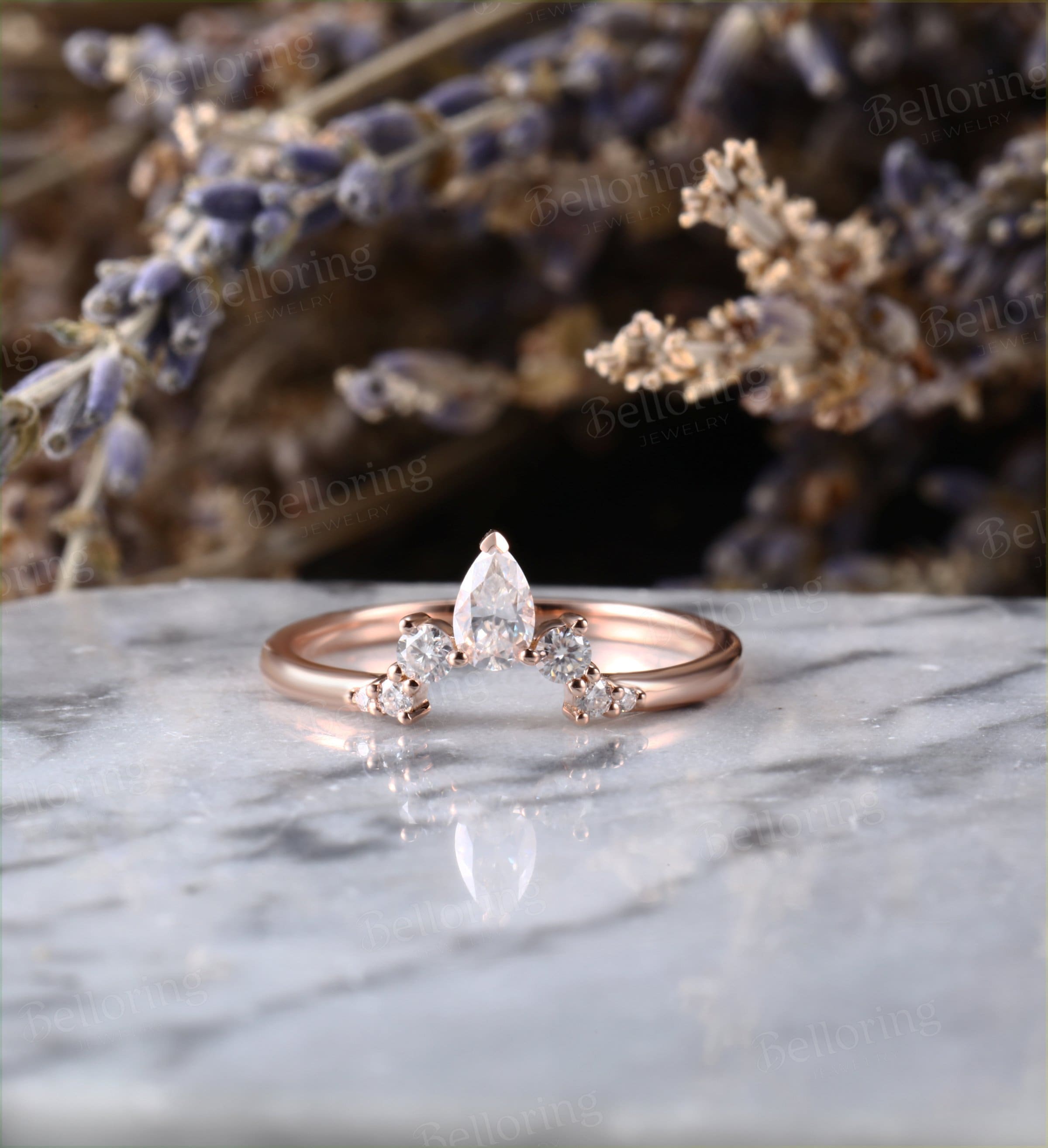 Moissanite Curved wedding band woman rose gold ring Vintage Bridal Set Jewelry Antique Solid 14K Matching Promise Anniversary Gift for her