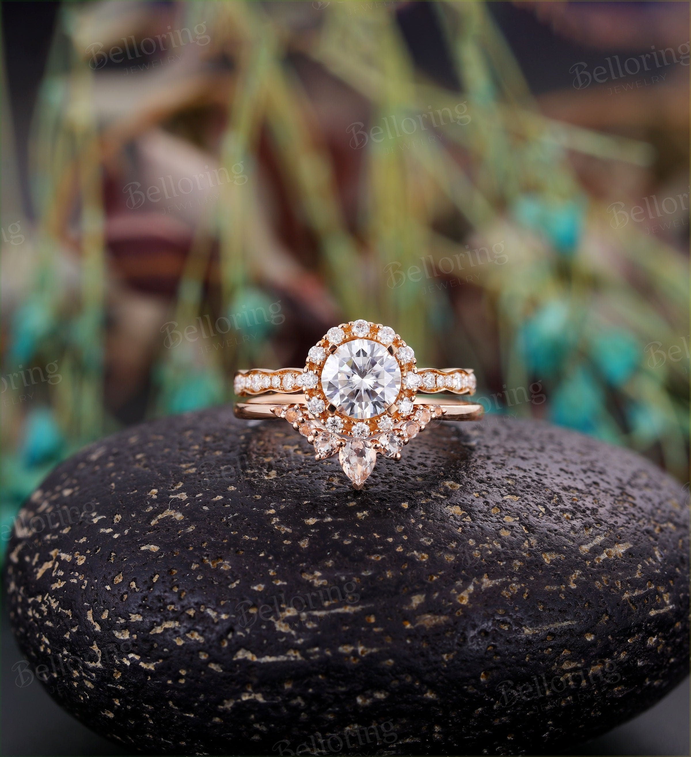 Moissanite engagement ring set vintage halo Half eternity Morganite curved Wedding  unique antique Jewelry Anniversary wedding ring