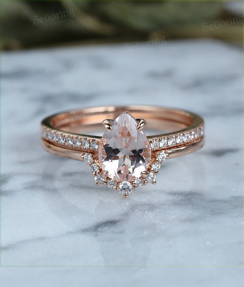 Morganite engagement ring set Rose gold pear cut vintage Moissanite Half eternity  Jewelry curved band Anniversary wedding ring