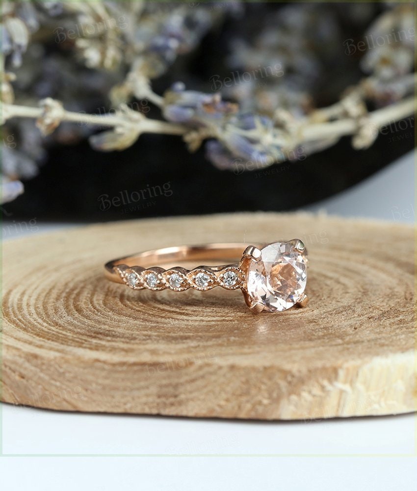 Morganite engagement ring 14k rose gold round cut vintage Halo diamond Half eternity Wedding  Bridal Jewelry Anniversary wedding ring