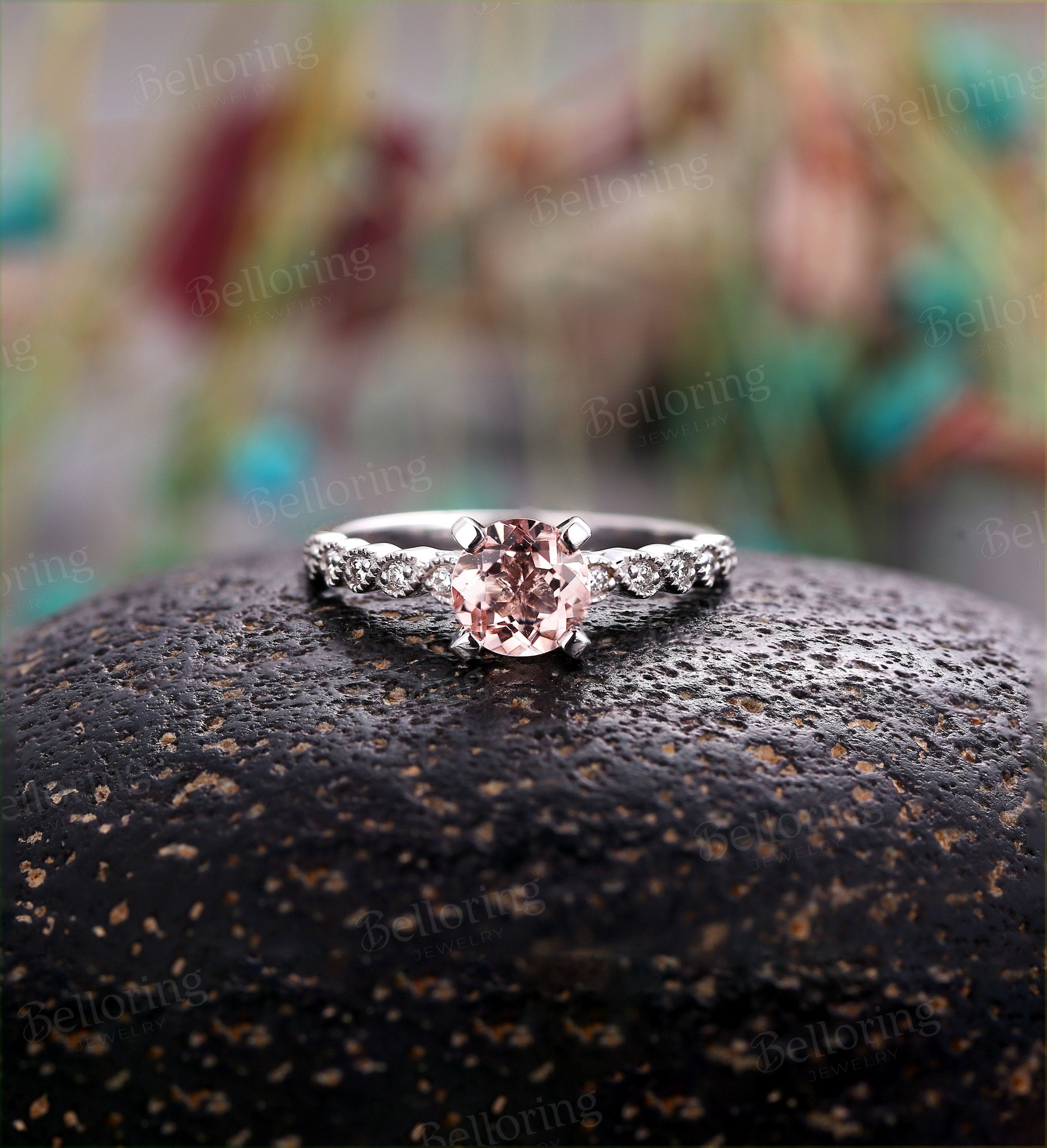 Morganite engagement ring 14k rose gold round cut vintage Halo diamond Half eternity Wedding  Bridal Jewelry Anniversary wedding ring