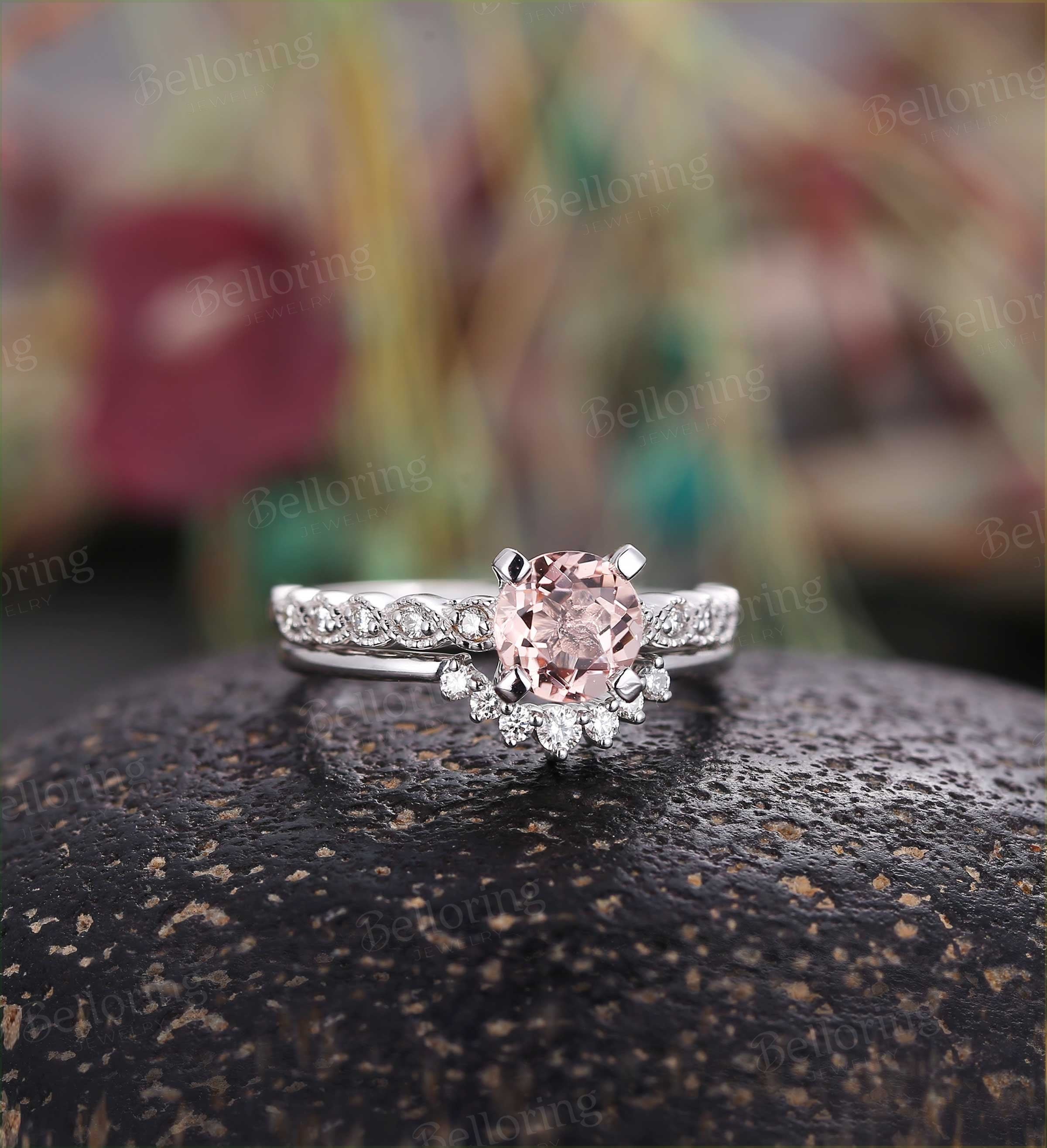 Morganite engagement ring set  14k white gold vintage milgrain prong set moissanite Wedding  Jewelry Anniversary wedding ring