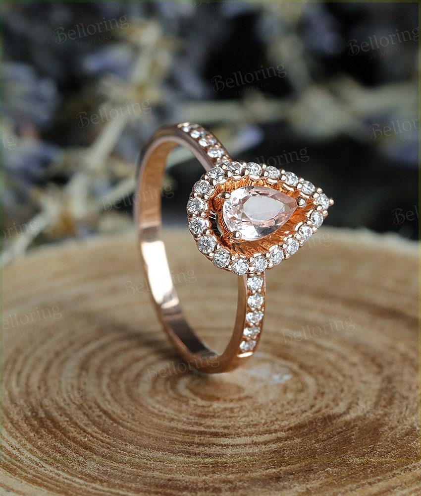 Morganite engagement ring 14k Rose gold pear cut vintage Halo diamond Half eternity Wedding  Bridal Jewelry  Anniversary wedding ring