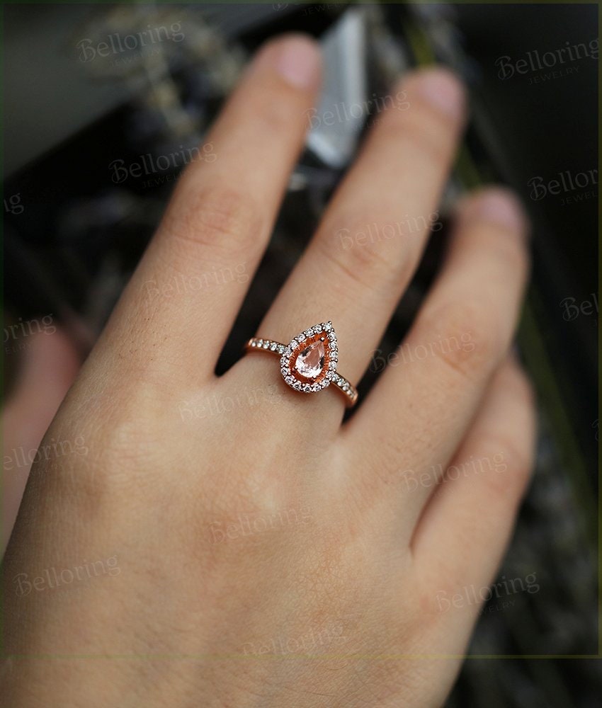 Morganite engagement ring 14k Rose gold pear cut vintage Halo diamond Half eternity Wedding  Bridal Jewelry  Anniversary wedding ring