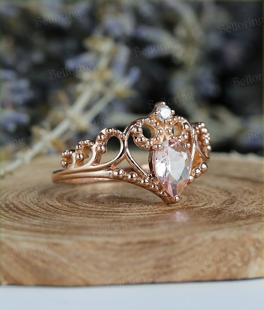 Morganite engagement ring 14k Rose gold pear cut vintage diamond Half eternity Wedding  Bridal Jewelry  Anniversary wedding ring