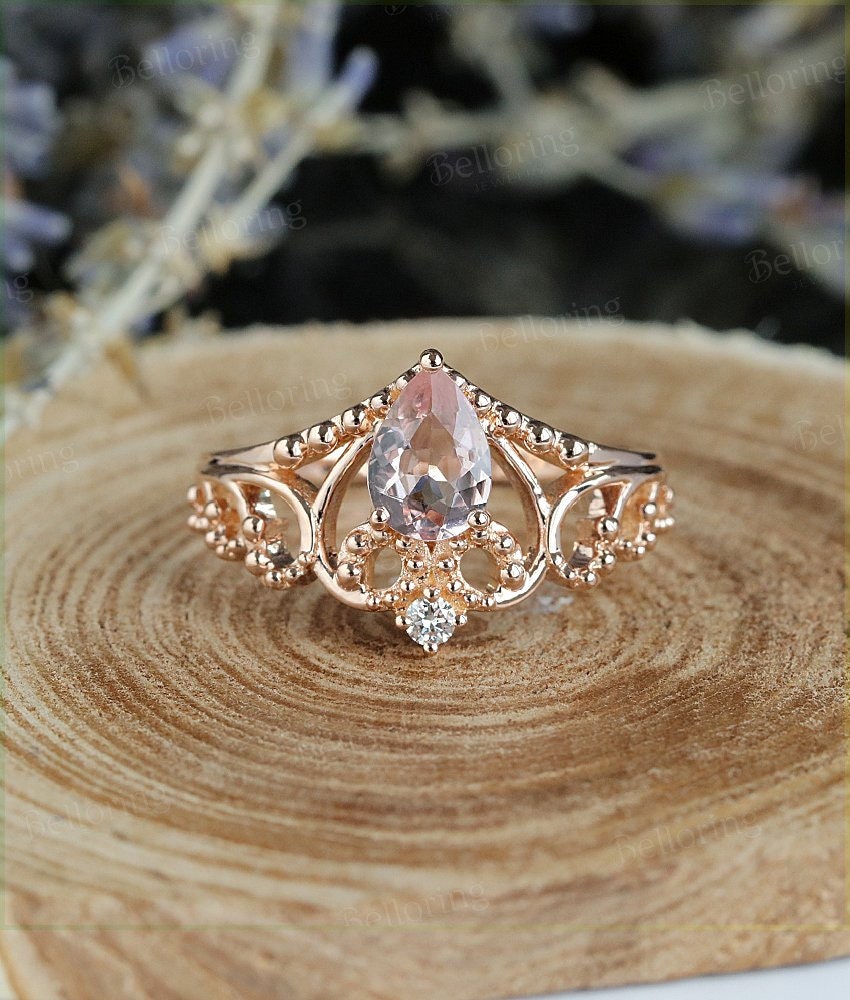 Morganite engagement ring 14k Rose gold pear cut vintage diamond Half eternity Wedding  Bridal Jewelry  Anniversary wedding ring