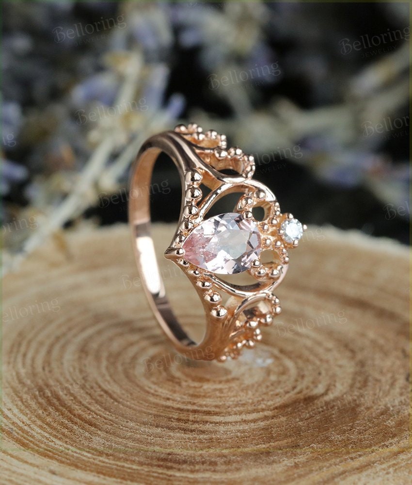 Morganite engagement ring 14k Rose gold pear cut vintage diamond Half eternity Wedding  Bridal Jewelry  Anniversary wedding ring