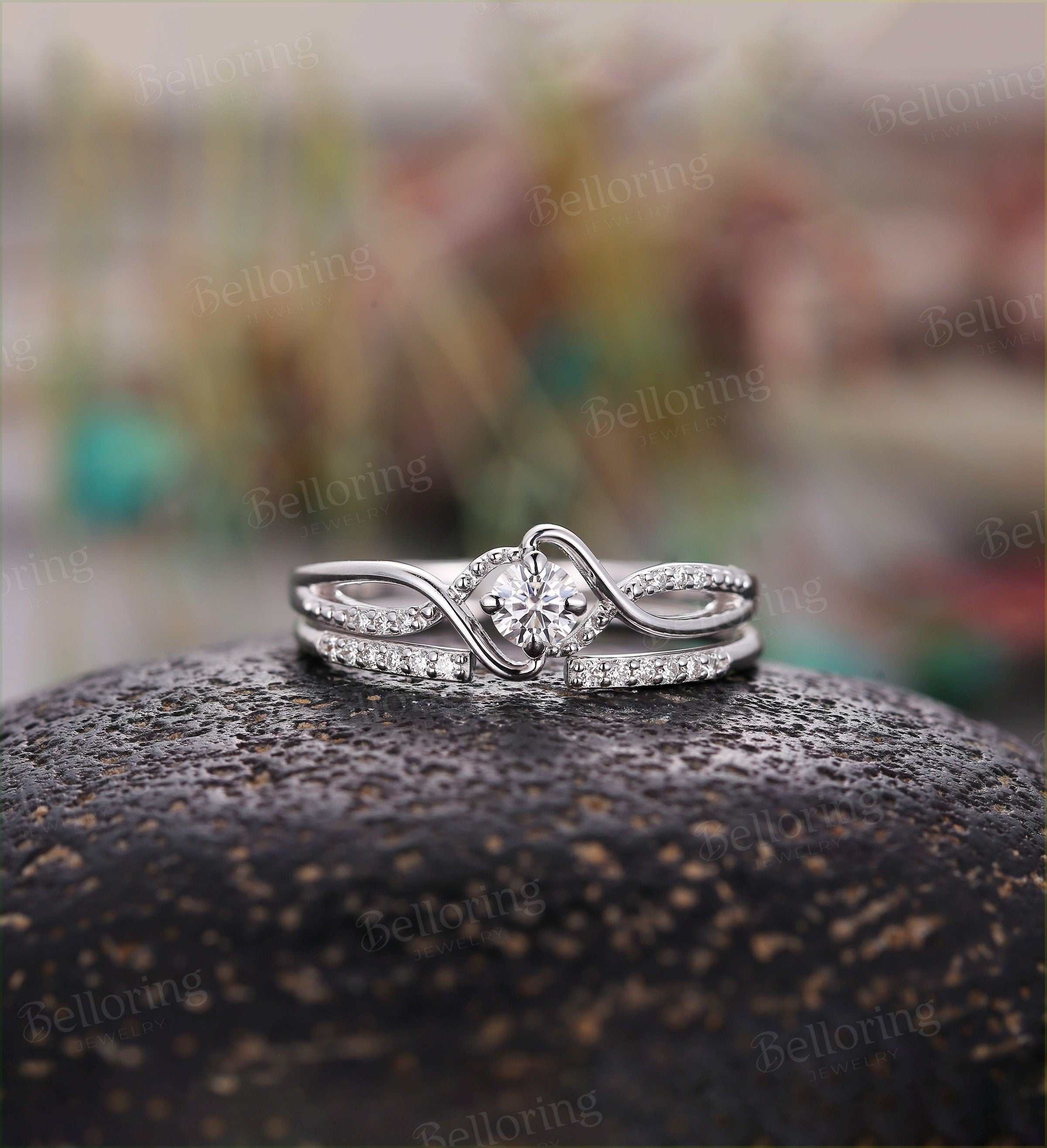 Moissanite engagement ring set Vintage white gold Unique wedding set for  Art deco Jewelry promise Anniversary wedding ring