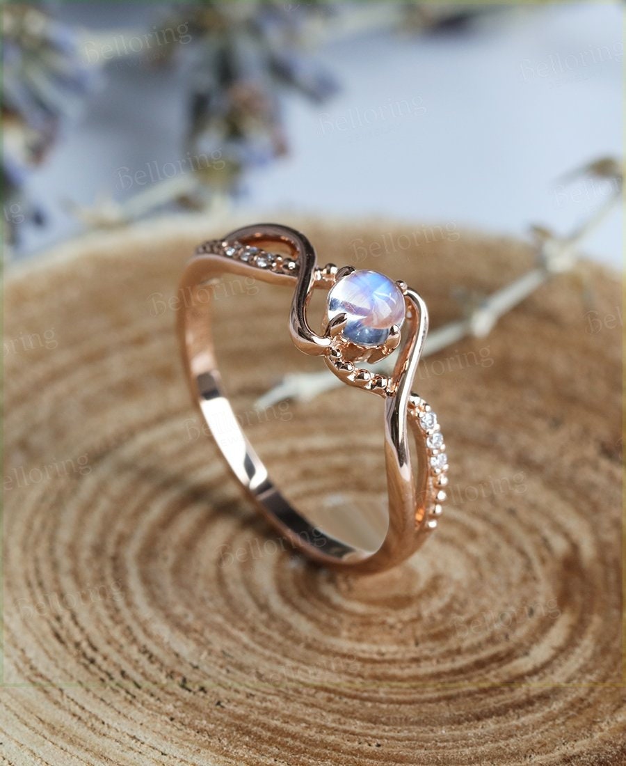 Moonstone engagement ring Vintage diamond rose gold Unique wedding ring for  Art deco Jewelry birthstone Anniversary wedding ring