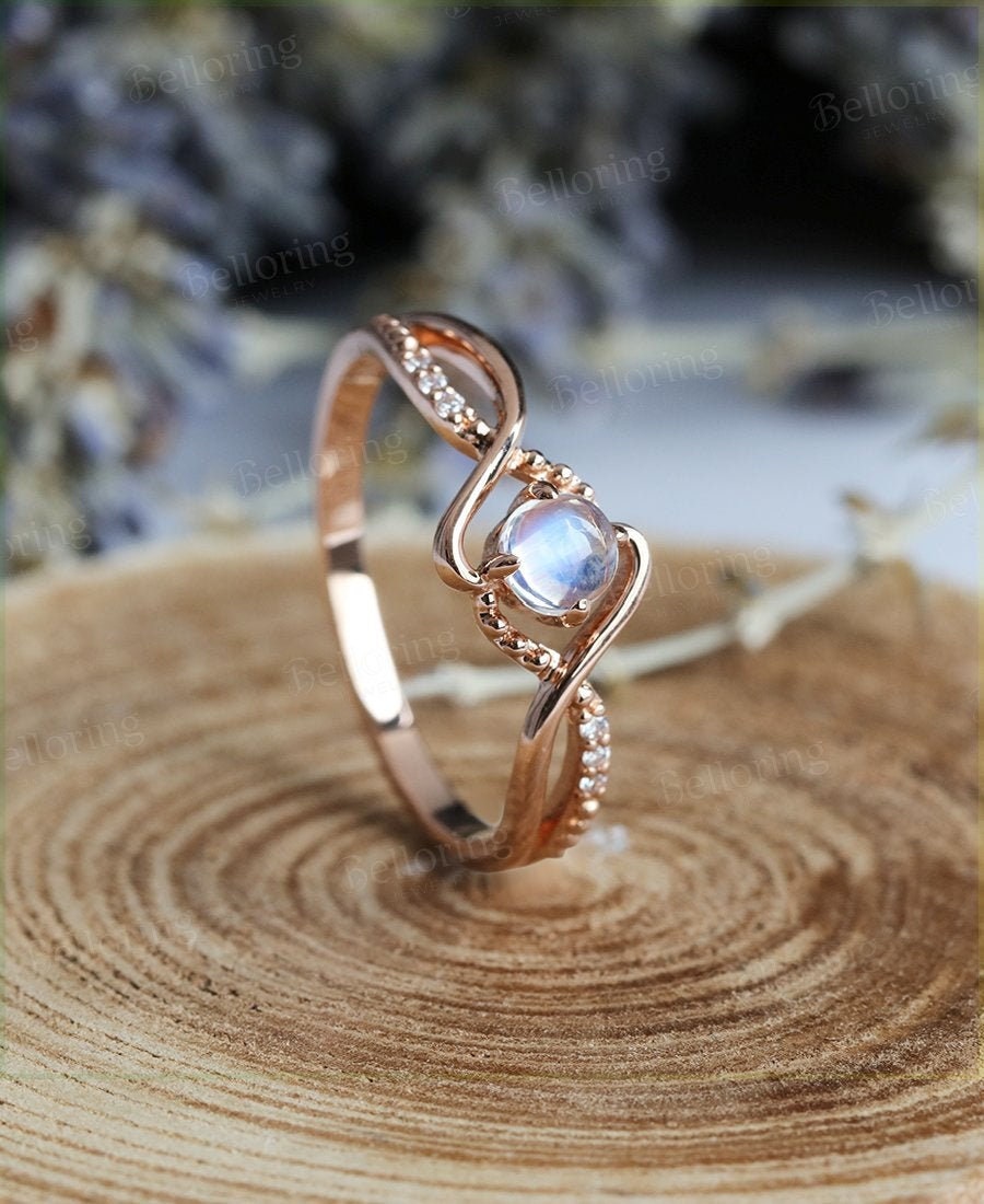 Moonstone engagement ring Vintage diamond rose gold Unique wedding ring for  Art deco Jewelry birthstone Anniversary wedding ring