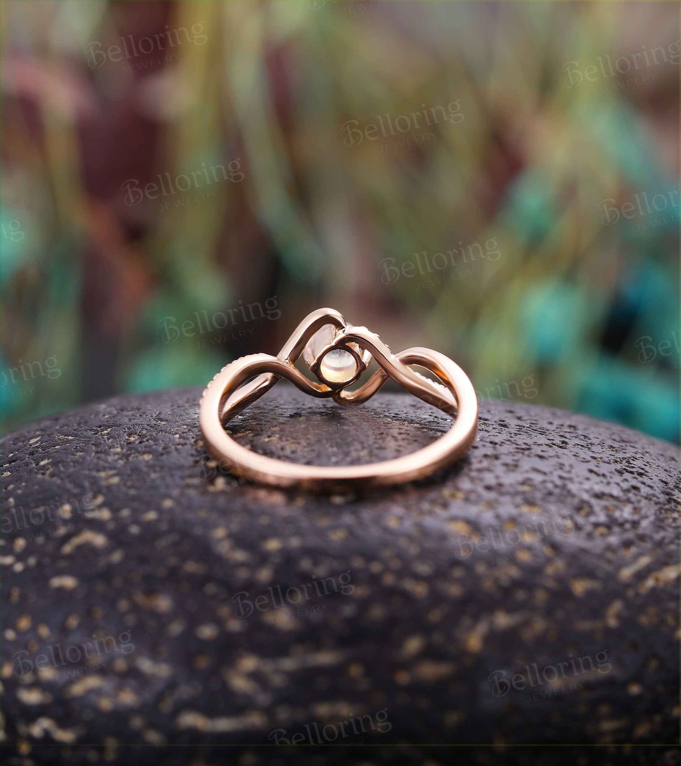 Moonstone engagement ring Vintage diamond ring twist ring rose gold ring Unique wedding ring Art deco ring antique ring Anniversary ring