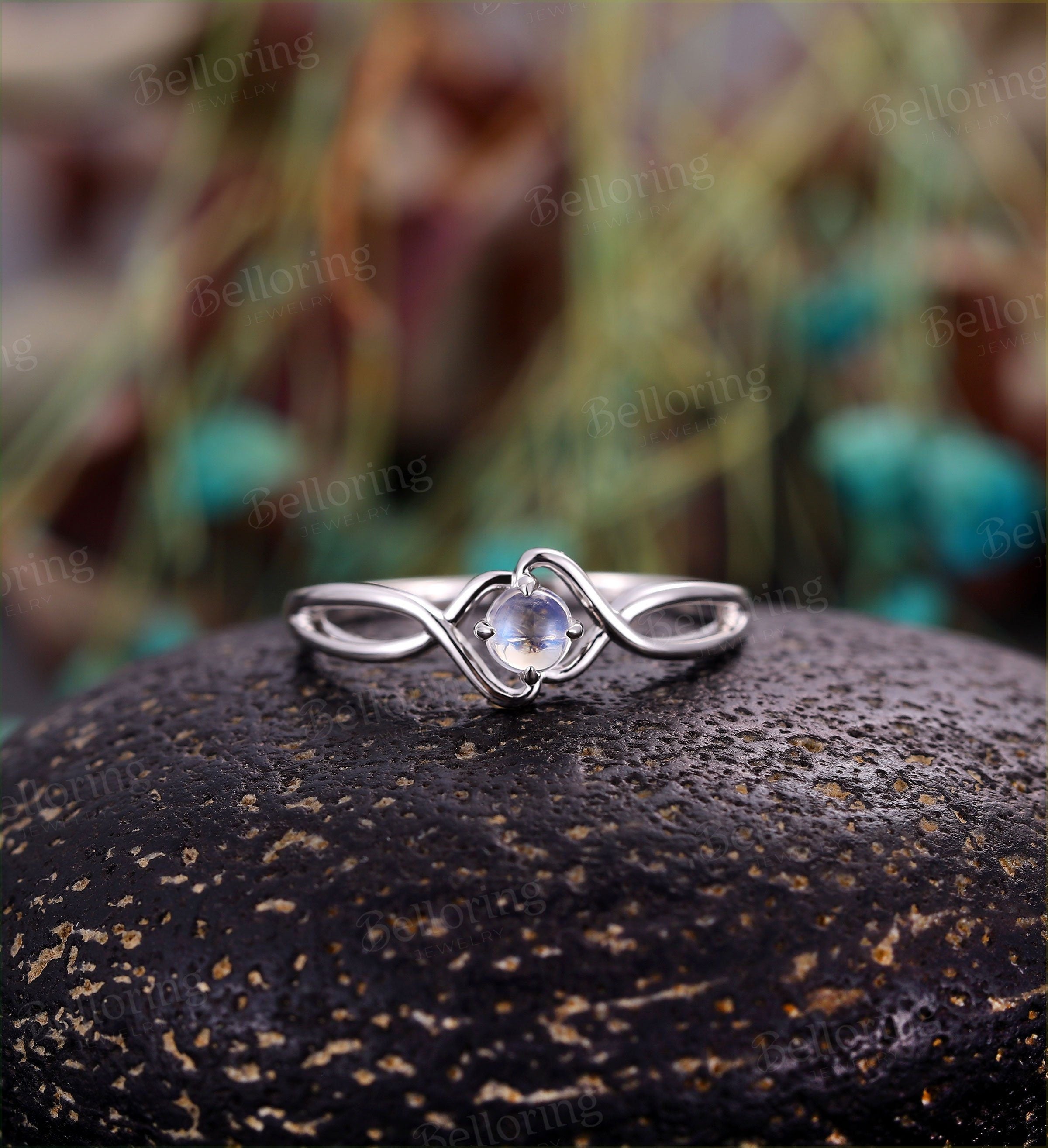 Moonstone engagement ring Vintage white gold Unique wedding infinity ring for  Art deco Jewelry birthstone Anniversary wedding ring