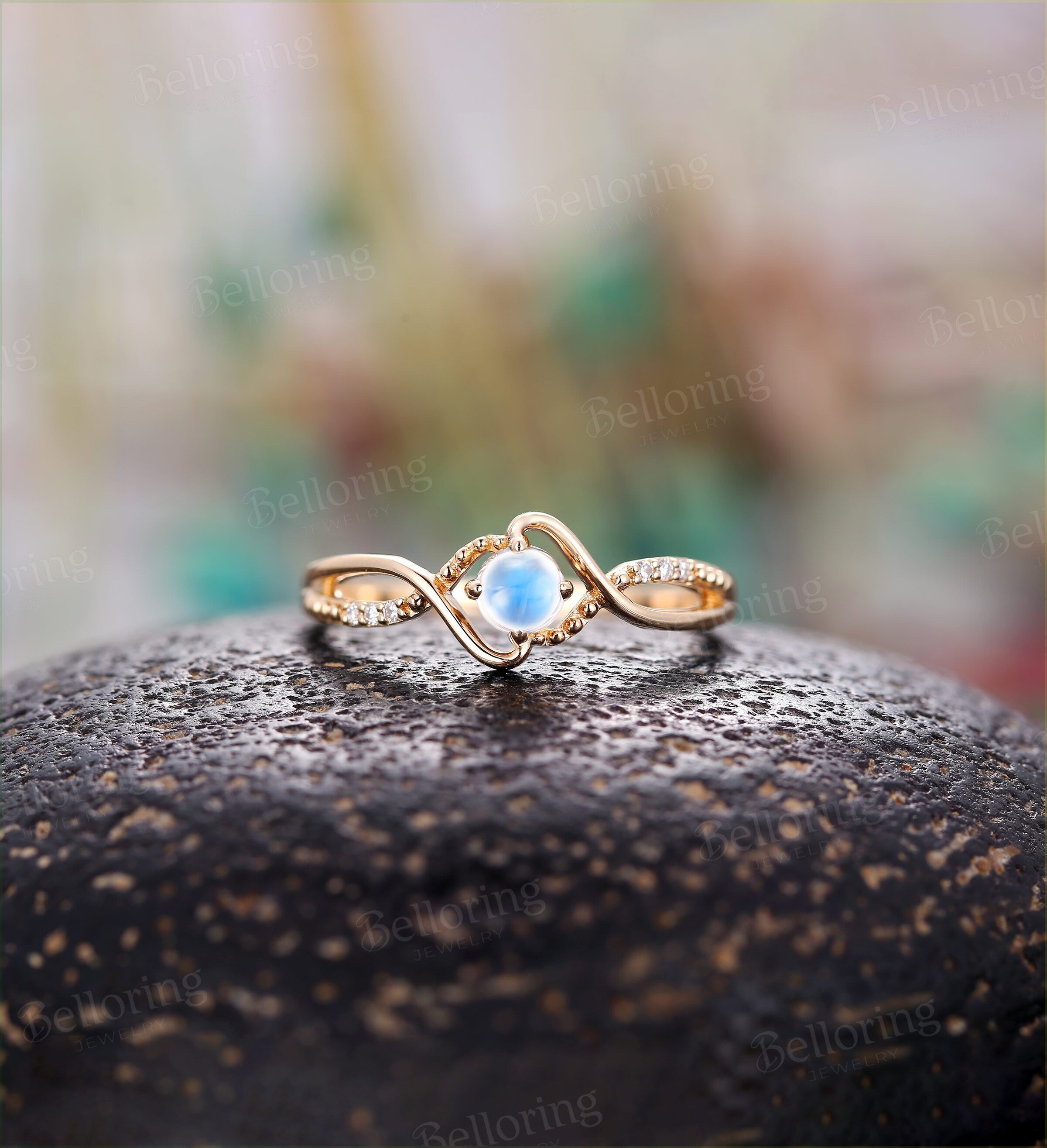 Moonstone engagement ring Vintage diamond ring twist ring rose gold ring Unique wedding ring Art deco ring antique ring Anniversary ring