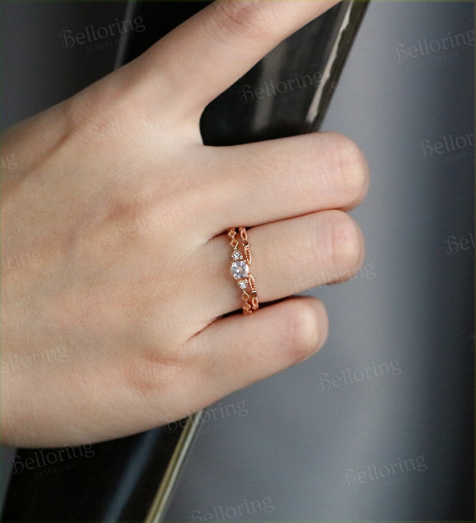 Art deco morganite engagement ring  Vintage diamond rose gold Unique wedding  Bridal Jewelry birthstone Anniversary wedding ring