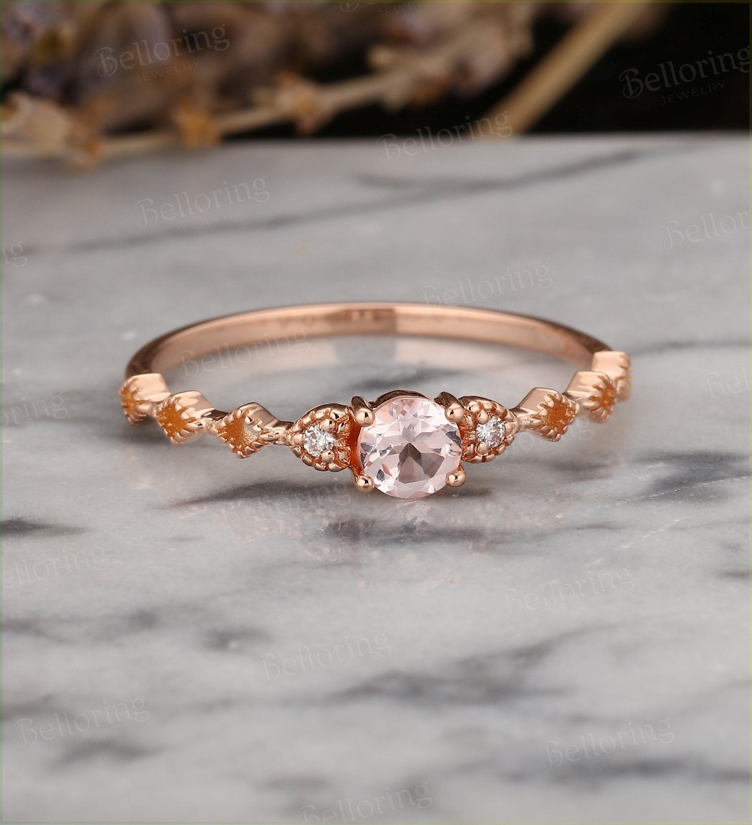 Art deco morganite engagement ring  Vintage diamond rose gold Unique wedding Jewelry milgrain Anniversary wedding ring