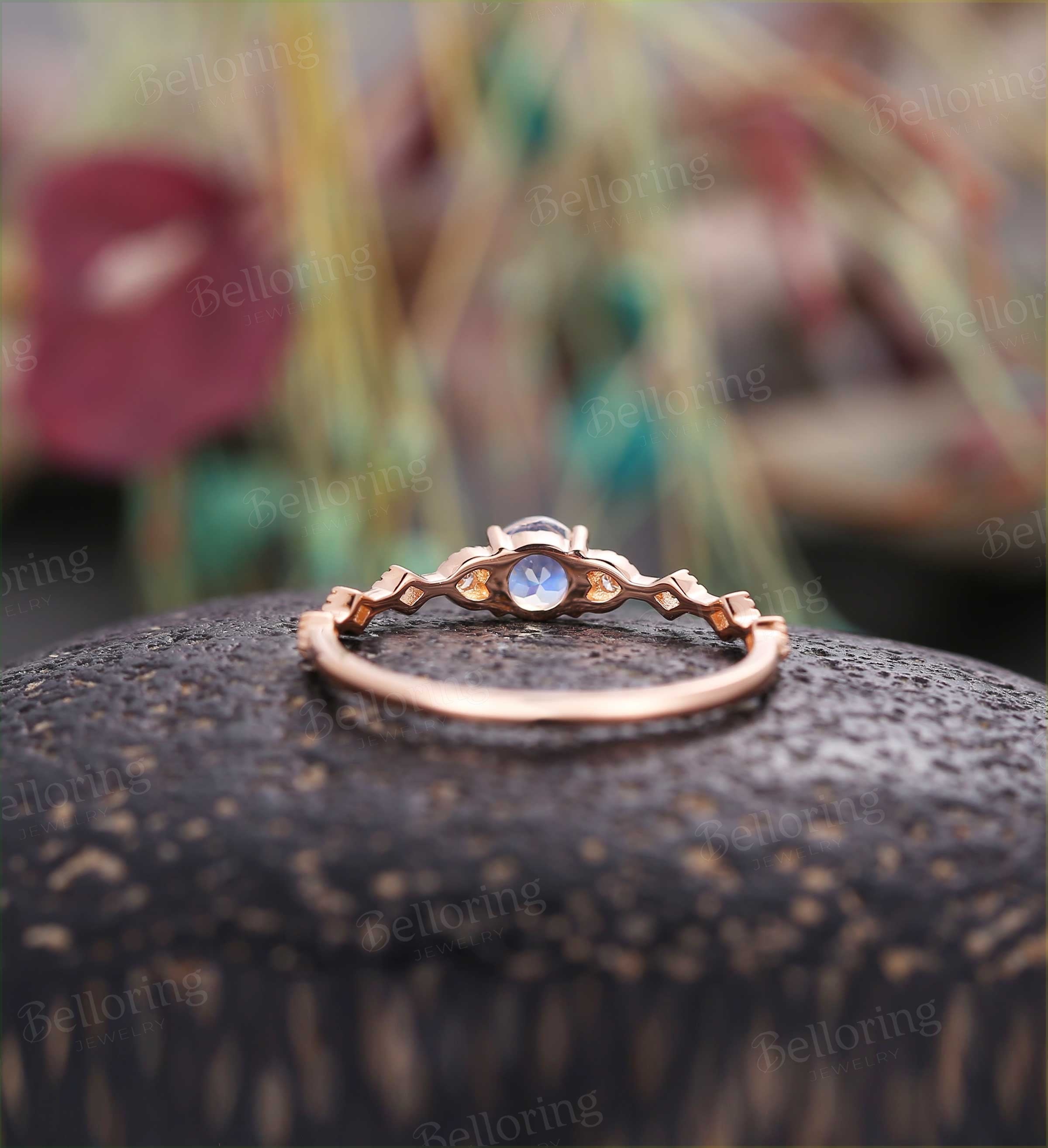 Art deco engagement ring  Vintage moonstone diamond rose gold Unique wedding  Bridal Jewelry birthstone Anniversary wedding ring