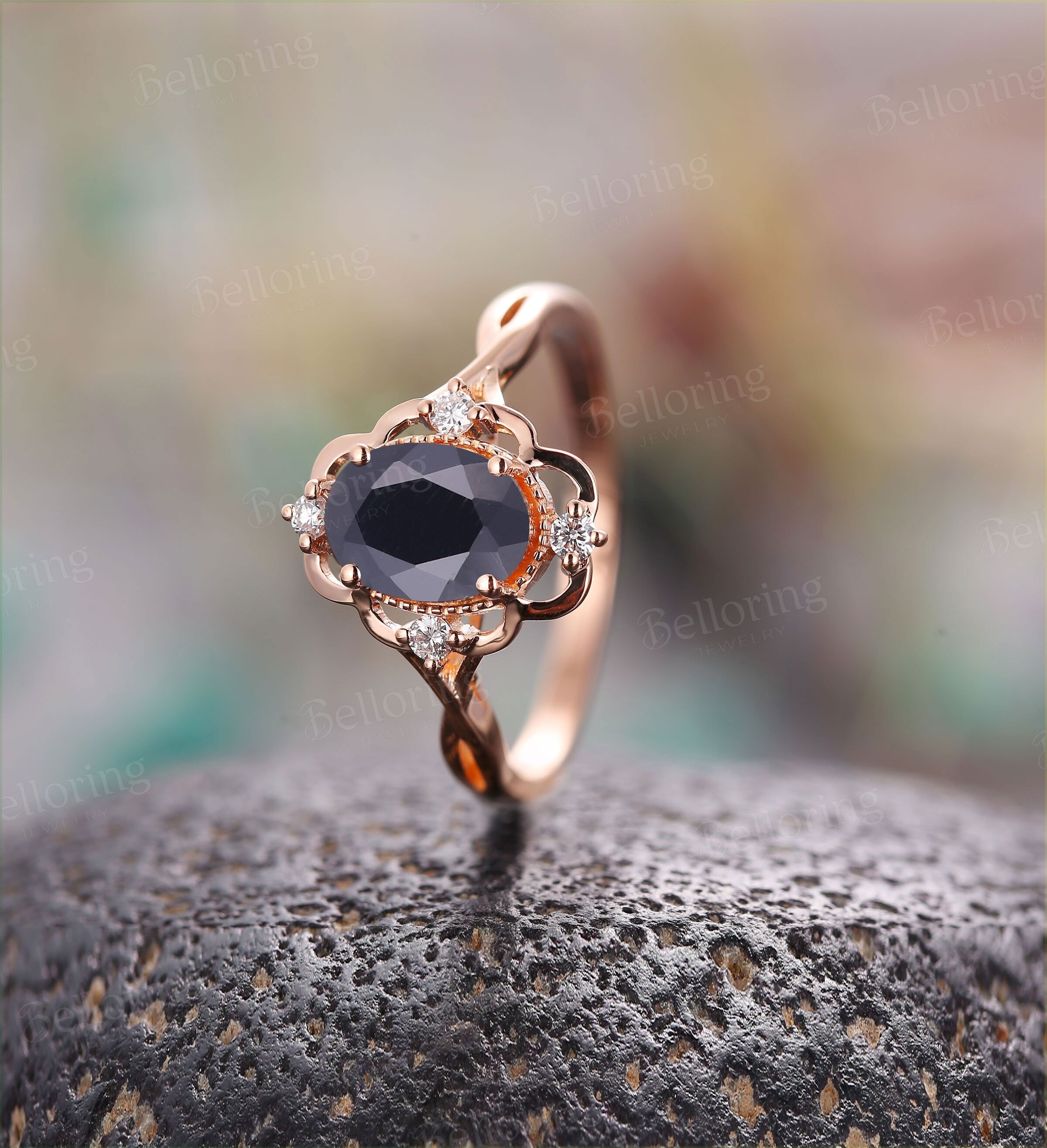 Black Onyx engagement ring vintage Rose gold ring oval cut Antique diamond ring art deco ring Wedding ring unique ring Anniversary ring