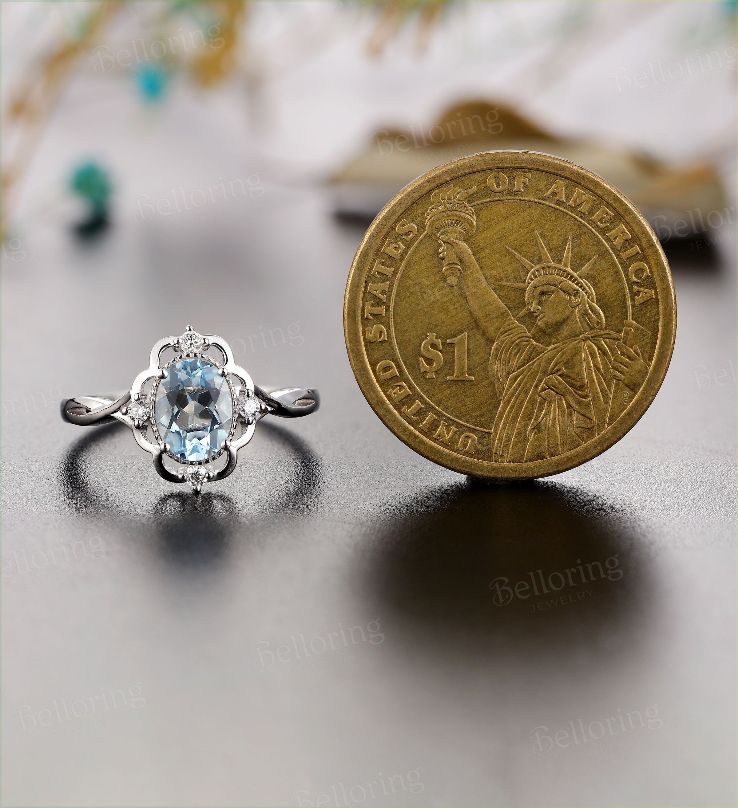 Aquamarine engagement ring vintage white gold  oval cut Antique vintage rings Wedding  Promise ring Anniversary ring for