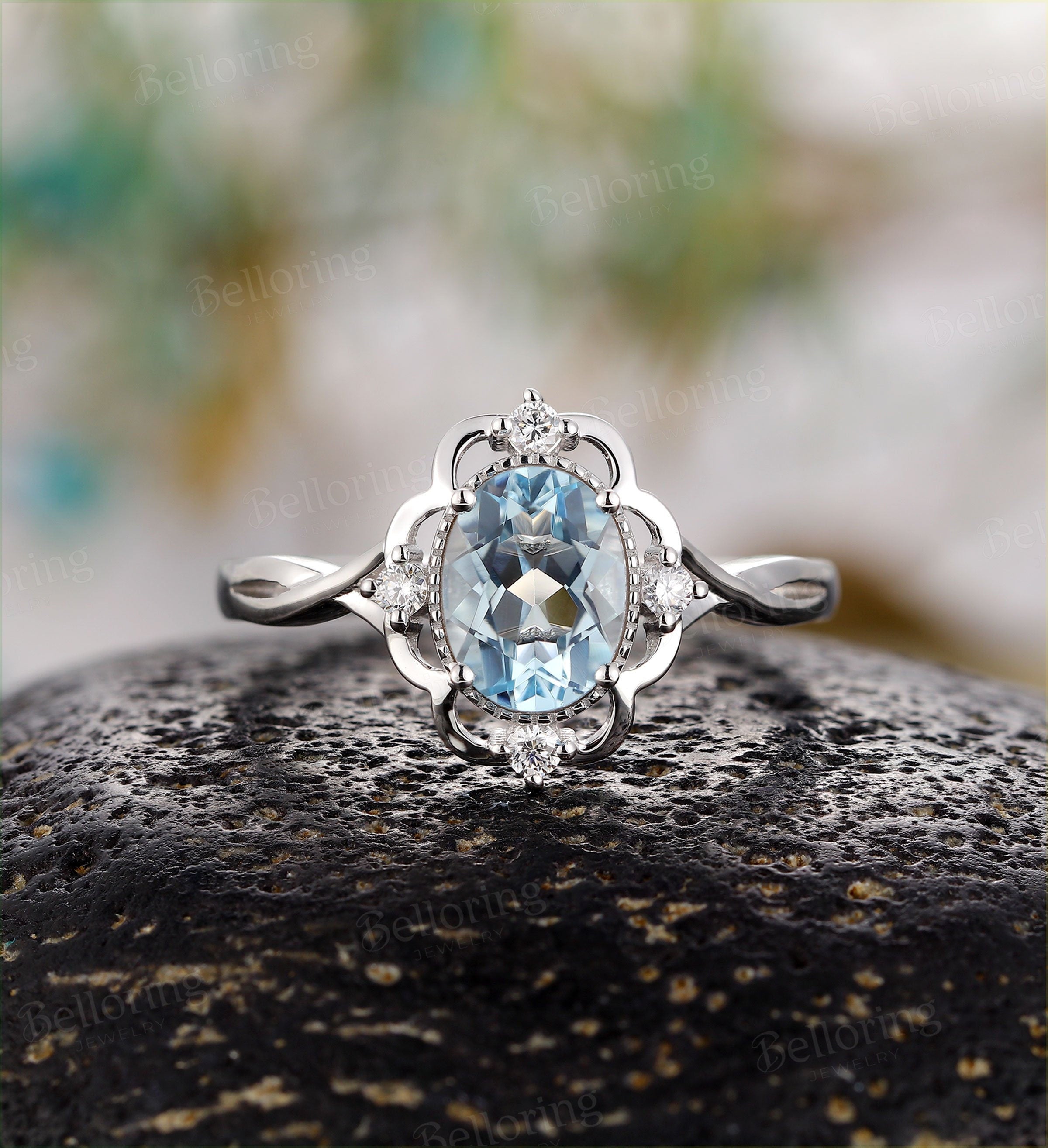 Aquamarine engagement ring vintage white gold  oval cut Antique vintage rings Wedding  Promise ring Anniversary ring for