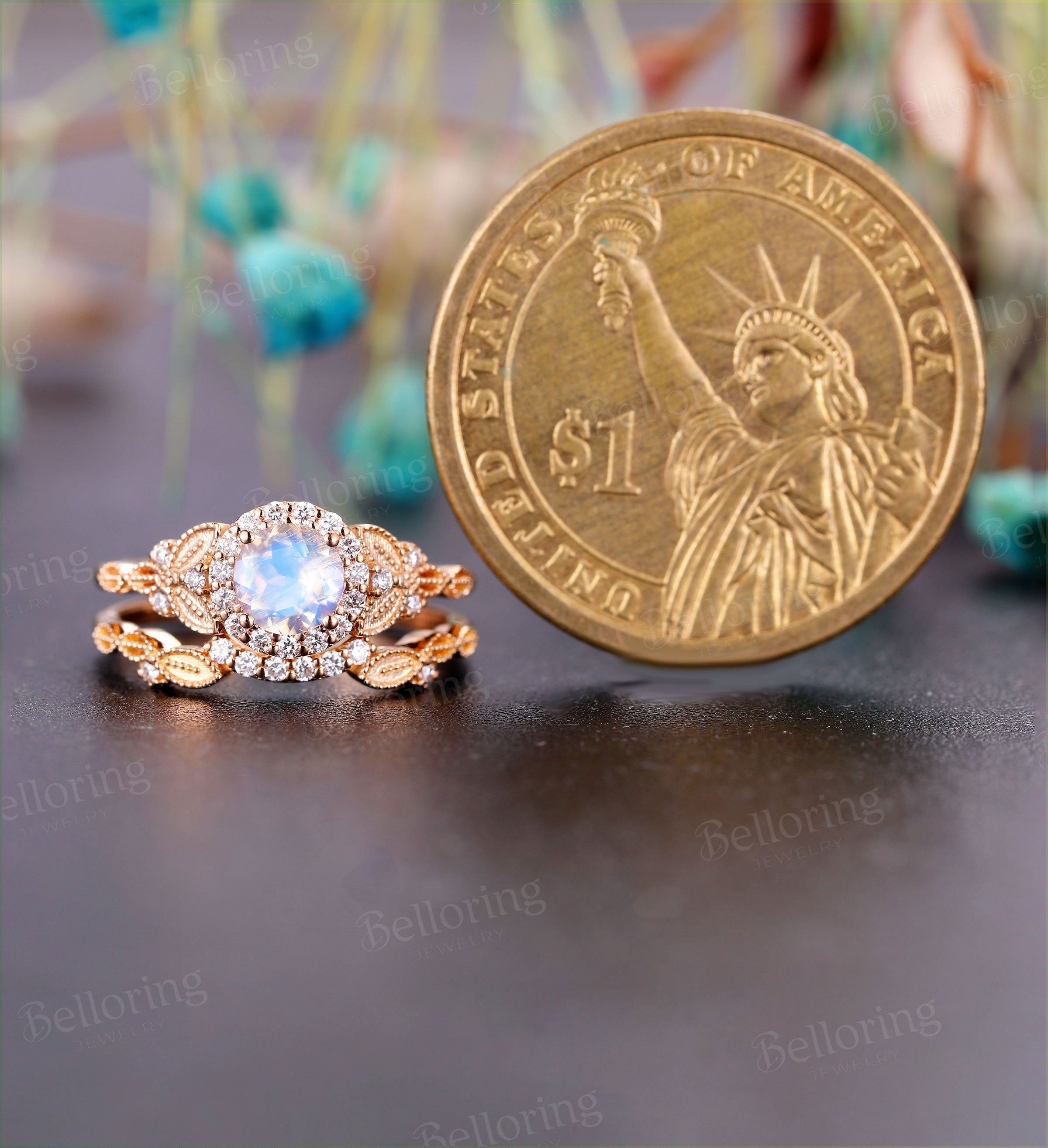 Art deco Moonstone Engagement Ring  rose Gold vintage round cut Milgrain diamond wedding ring  Promise Anniversary wedding ring