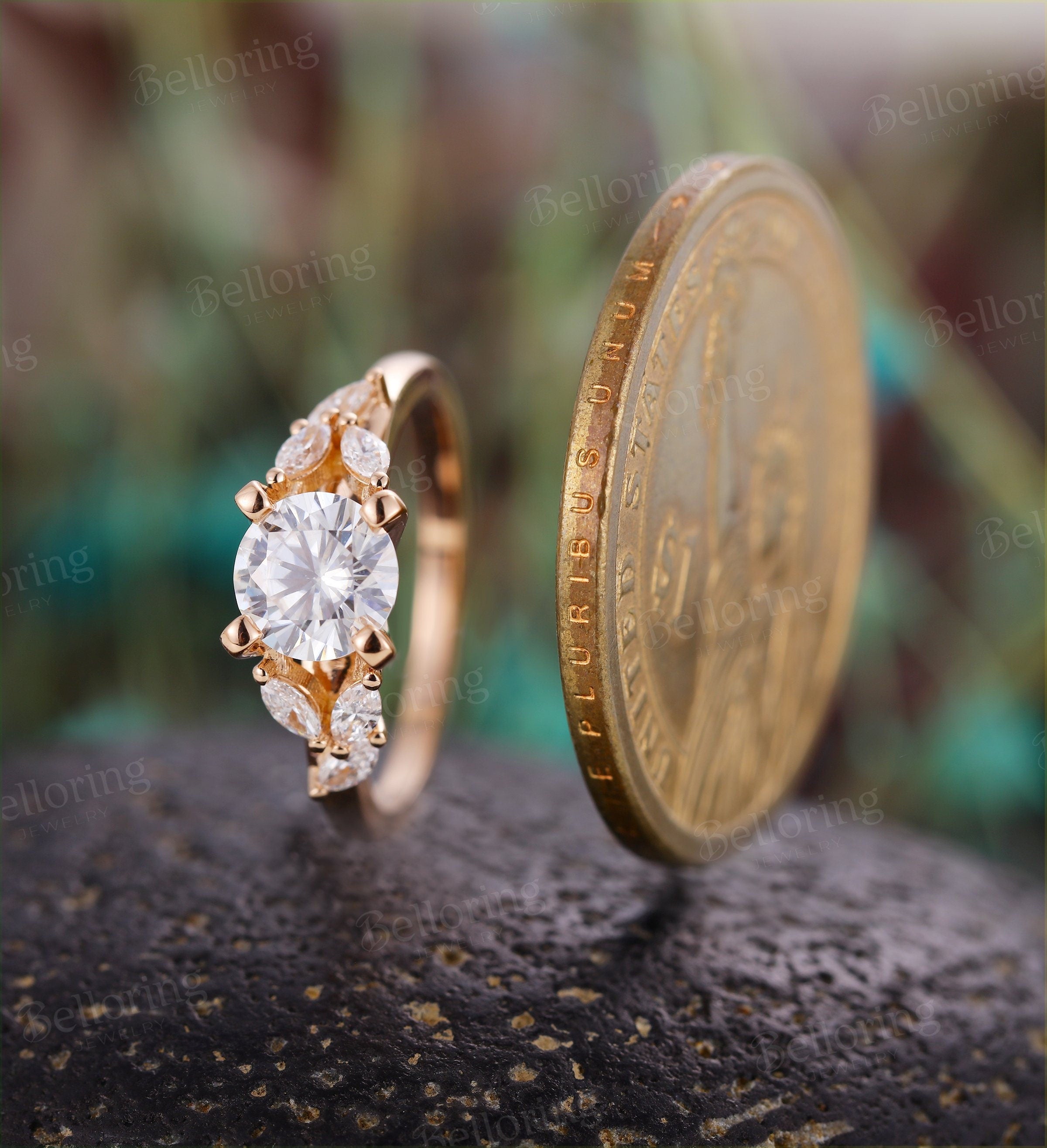 Moissanite engagement ring 14k rose gold marquise cut moissanite prong set  vintage unique Jewelry promise Anniversary wedding ring