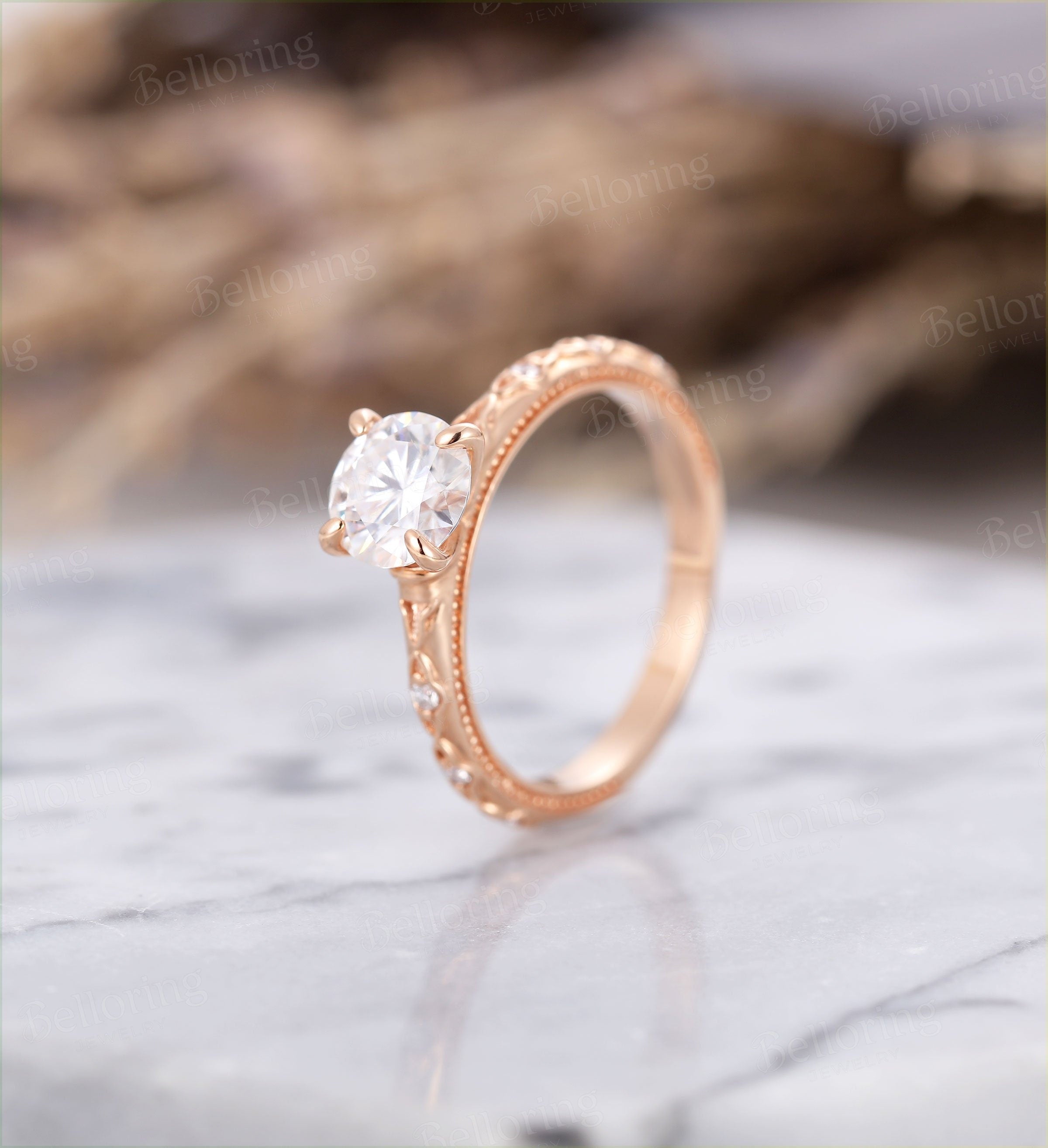 Moissanite engagement ring vintage rose gold Antique Delicate diamond prong set Wedding  unique Promise Anniversary wedding ring