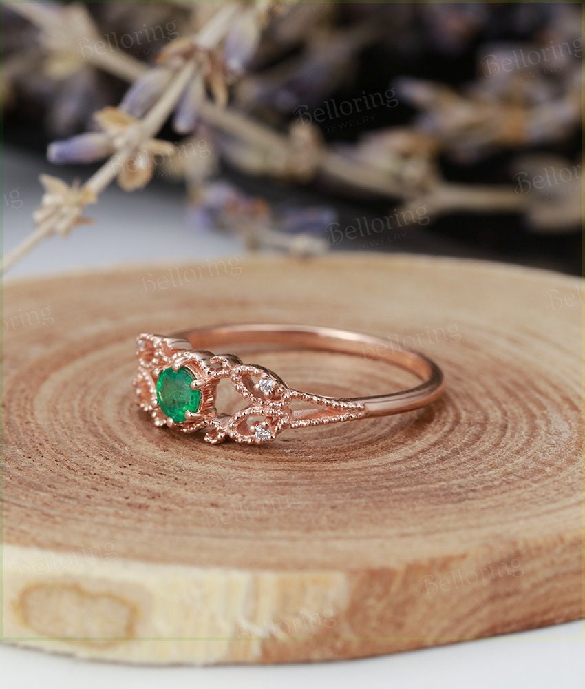 Emerald Engagement Ring  rose Gold wedding vintage round cut Art Deco unique diamond ring  Promise Anniversary wedding ring