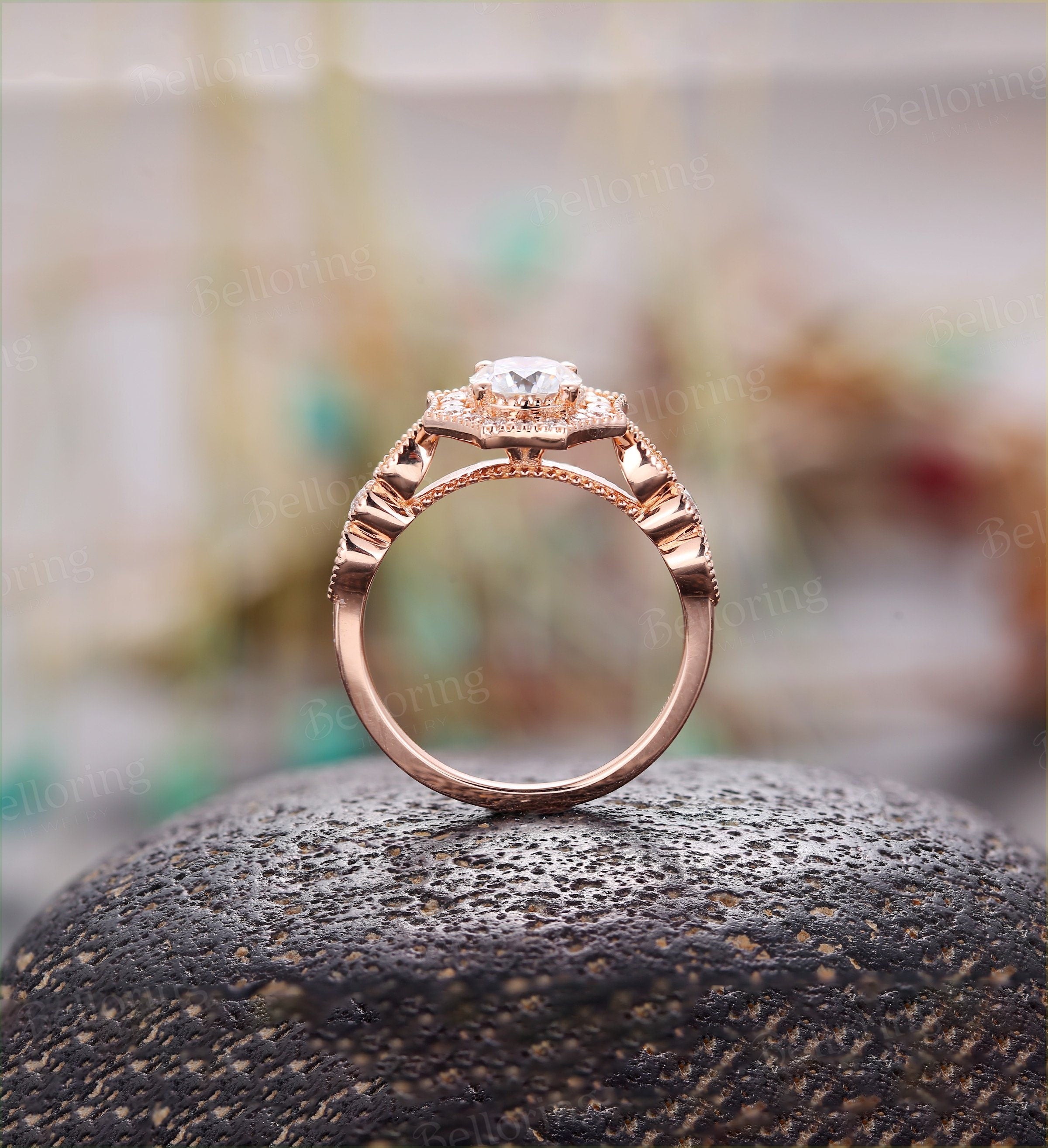 Moissanite engagement ring Vintage  round cut halo diamond Art deco rose gold  Unique wedding Jewelry promise Anniversary wedding ring