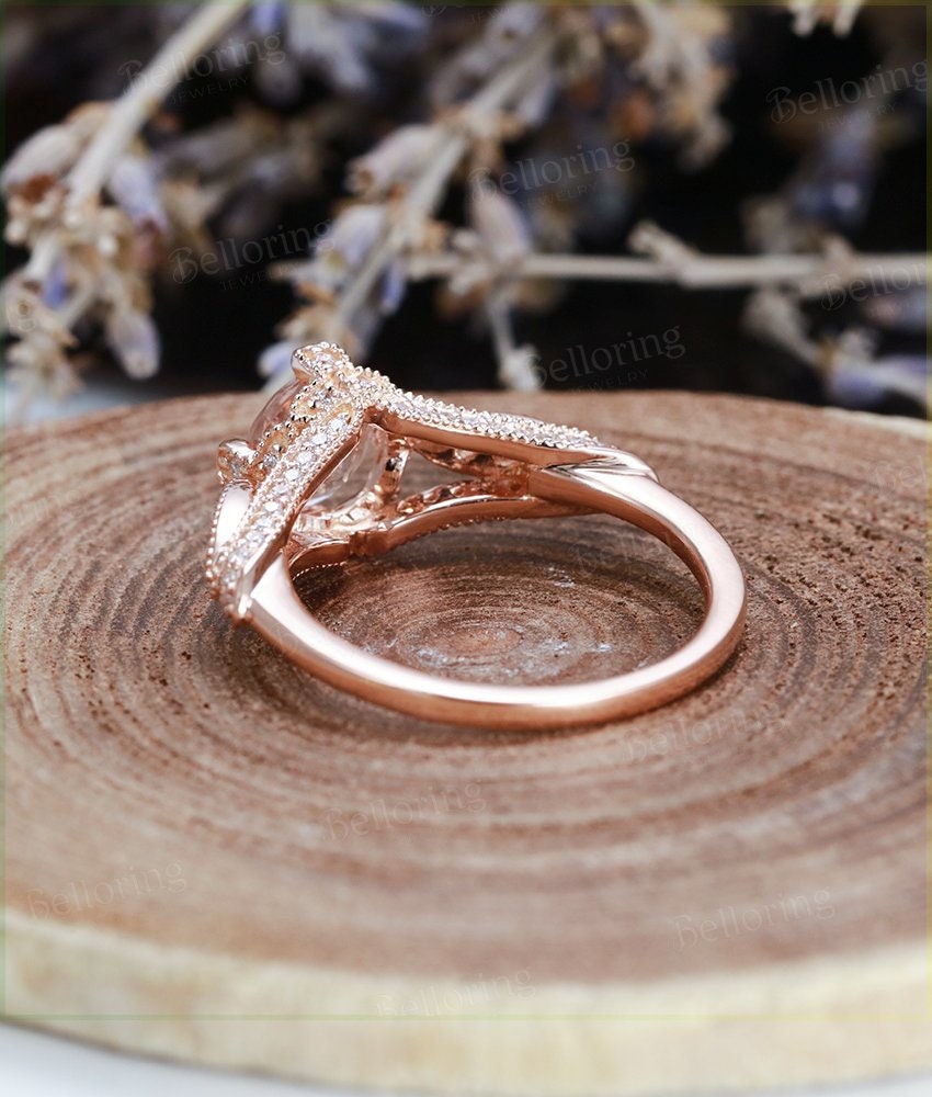 Morganite engagement ring Vintage rose gold Art deco round cut Unique moissanite Wedding Bridal set promise Anniversary gift for