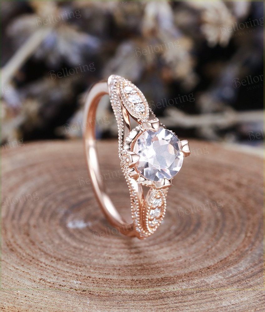 Morganite engagement ring Vintage rose gold Art deco round cut Unique moissanite Wedding Bridal set promise Anniversary gift for