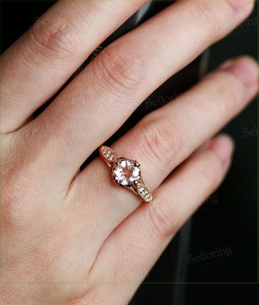 Morganite engagement ring Vintage rose gold Art deco round cut Unique moissanite Wedding Bridal set promise Anniversary gift for