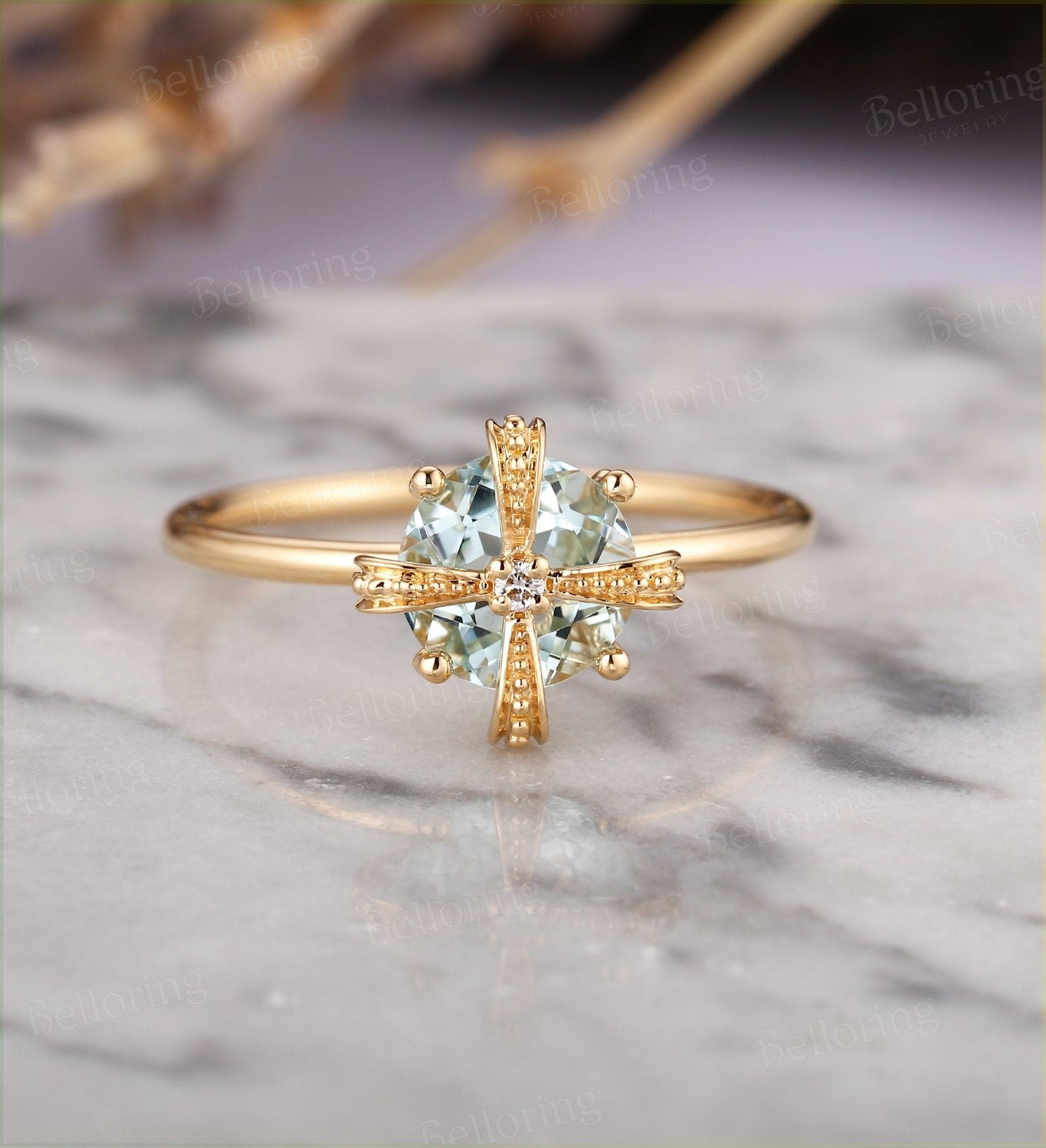 Aquamarine engagement ring yellow gold round vintage diamond art deco bridal set  antique Jewelry Promise Anniversary wedding ring