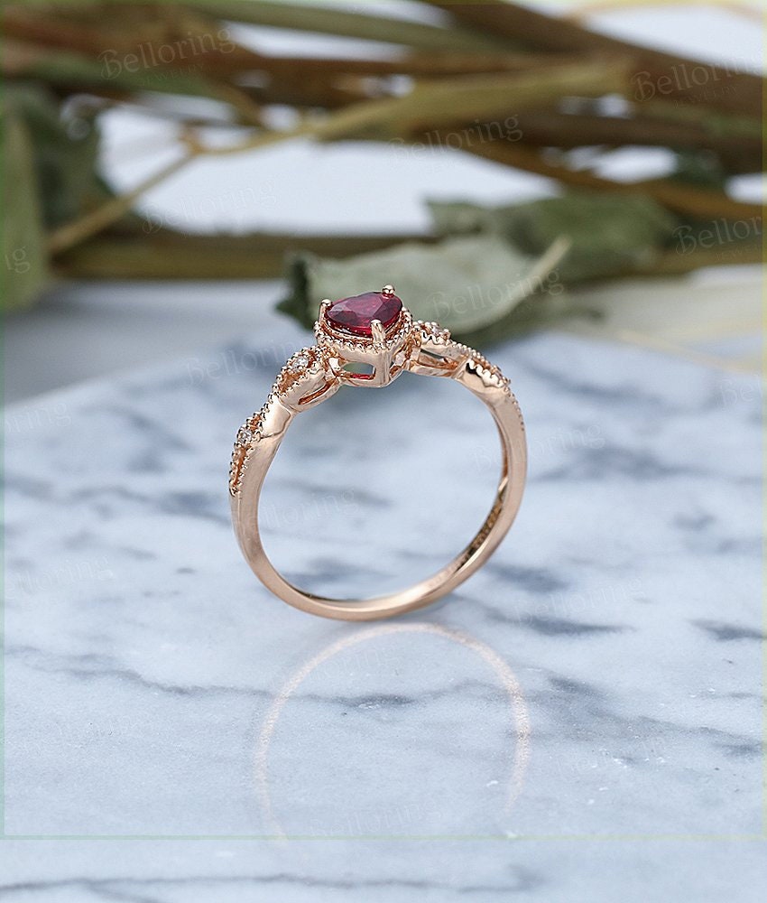 Heart shaped Ruby engagement ring rose gold ring Vintage milgrain diamond wedding ring unique antique art deco Anniversary wedding ring