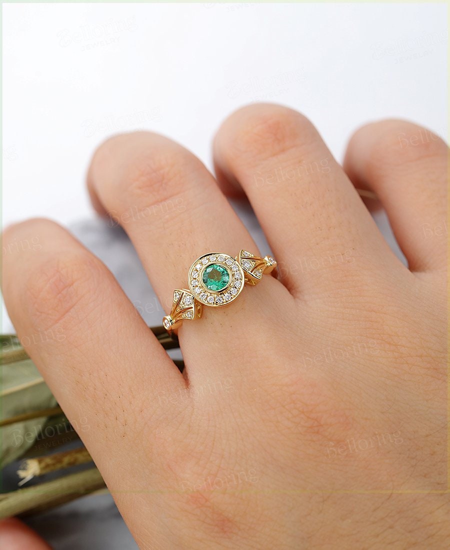 Emerald  Engagement Ring yellow Gold vintage round cut Art Deco Antique halo diamond wedding ring    Promise Anniversary wedding ring