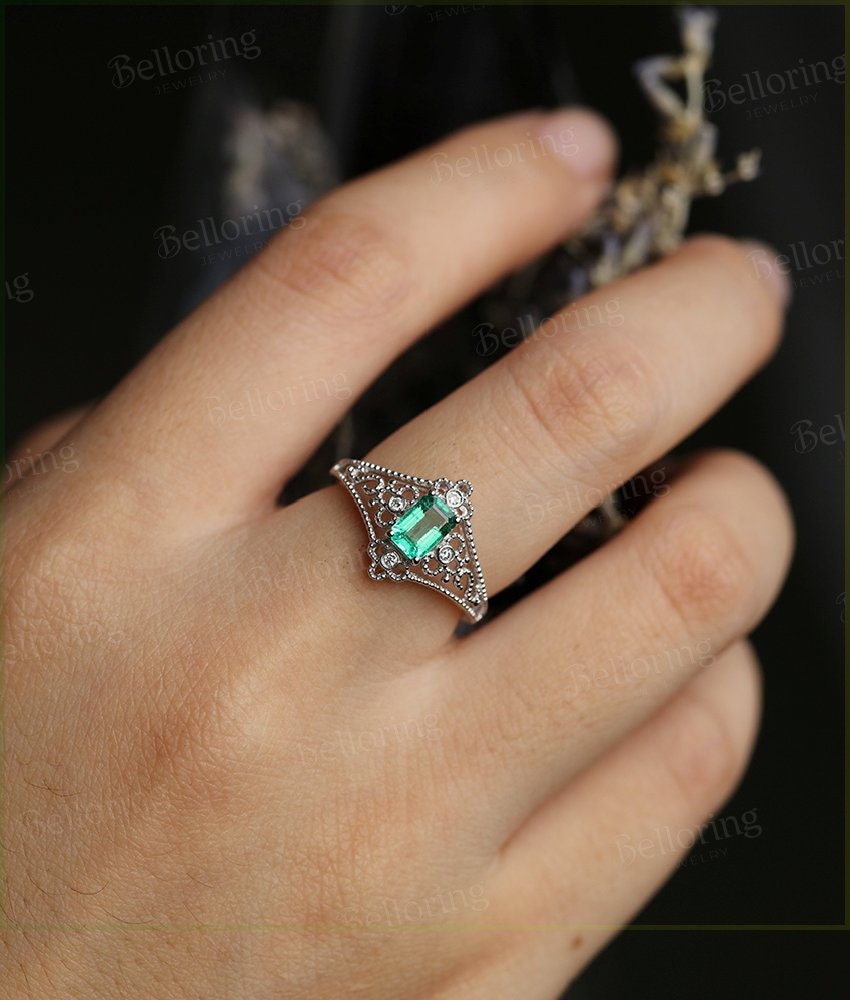 Lab Emerald engagement ring 14k white gold Emerald cut Halo moissanite Half eternity Wedding  Jewelry birthstone Anniversary wedding ring