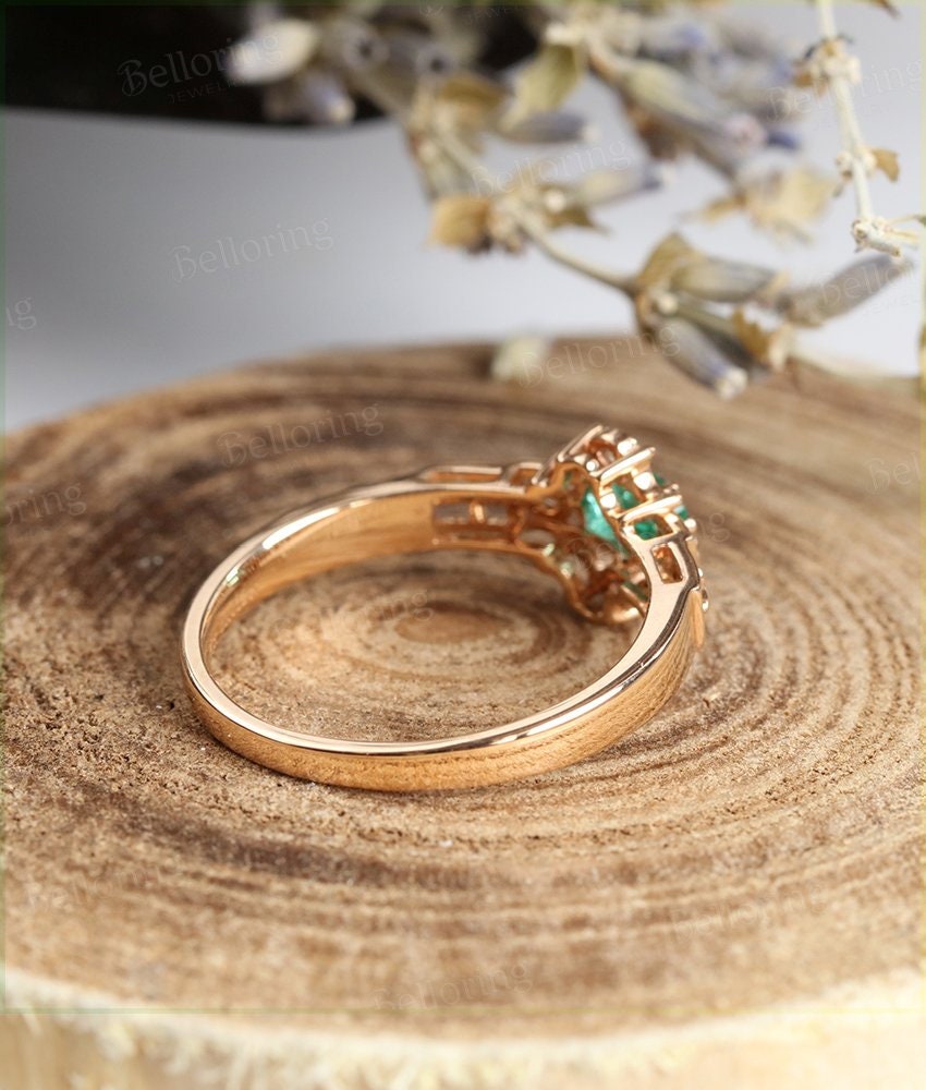 Emerald engagement ring 14k rose gold oval cut vintage Halo diamond Half eternity Wedding   Jewelry birthstone Anniversary wedding ring