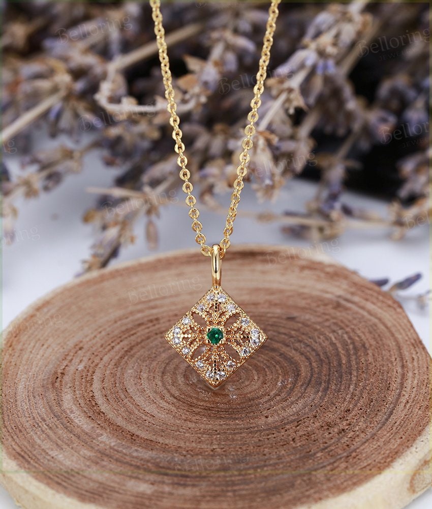 Emerald necklace for  bridal  vintage Pendant Solid 14K yellow gold unique milgrain delicate Anniversary wedding ring kite shape