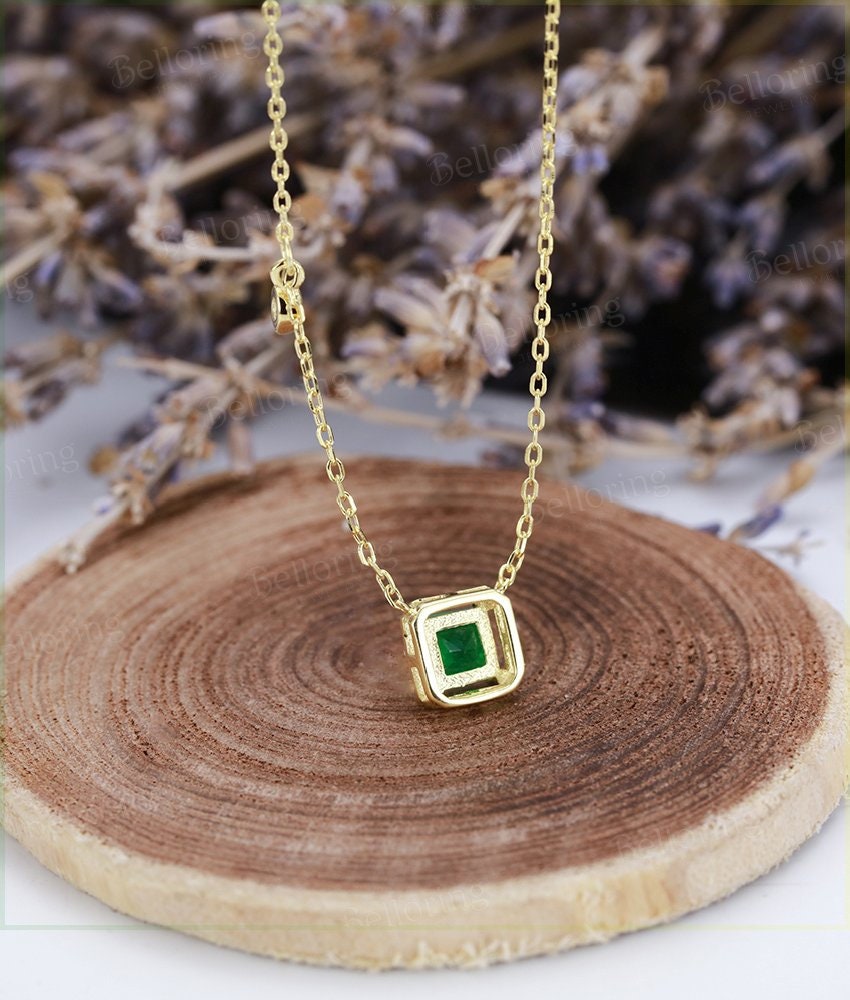 Princess cut Emerald necklace for  bridal  vintage Pendant Solid 14K yellow gold unique delicate Anniversary wedding ring