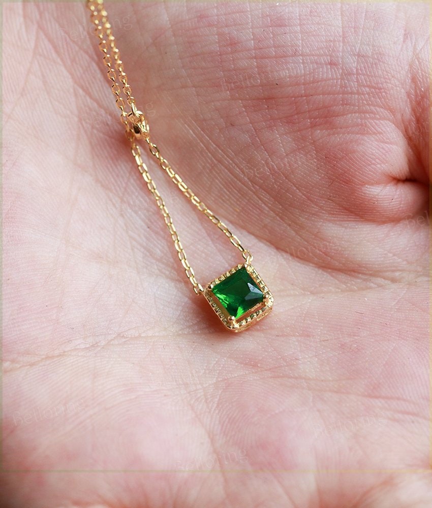 Princess cut Emerald necklace for  bridal  vintage Pendant Solid 14K yellow gold unique delicate Anniversary wedding ring