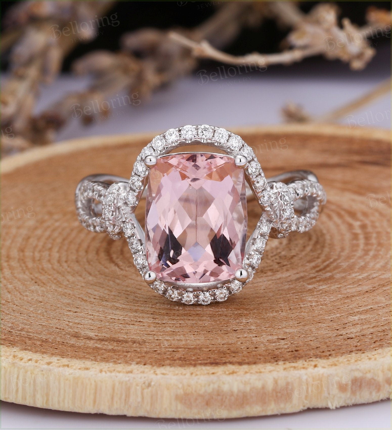 Cushion cut Morganite engagement ring Rose gold art deco vintage rings for  antique twisted band Jewelry Anniversary wedding ring