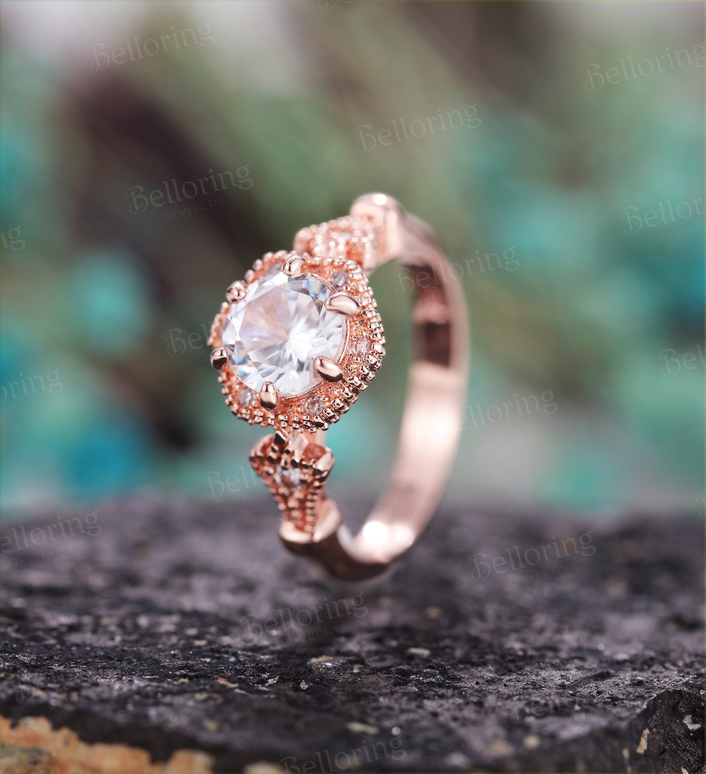 Moissanite engagement ring for  14k rose gold milgrain vintage prong set art deco Jewelry Anniversary wedding ring