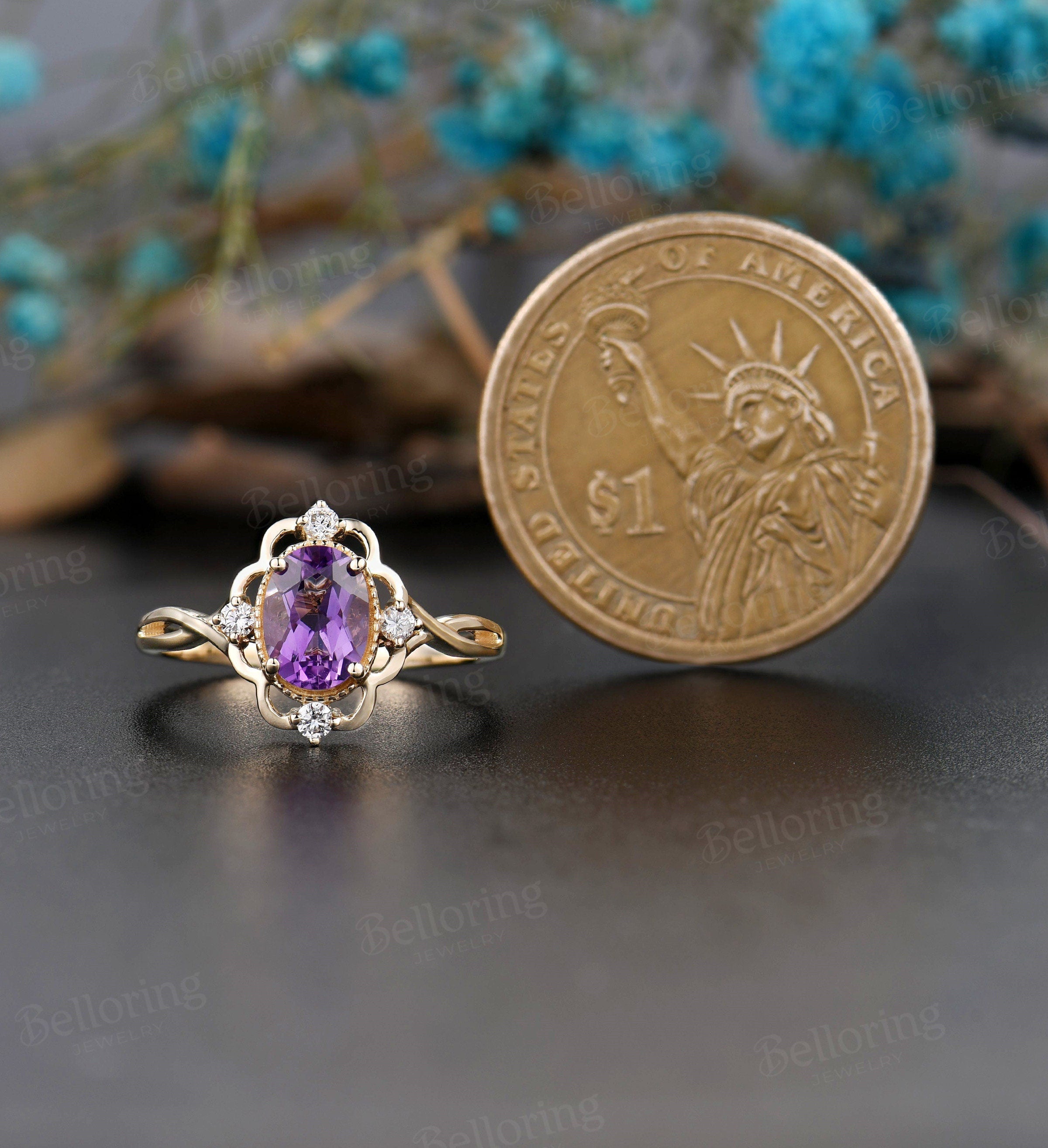 Amethyst Engagement Ring vintage-Art Deco Engagement Ring