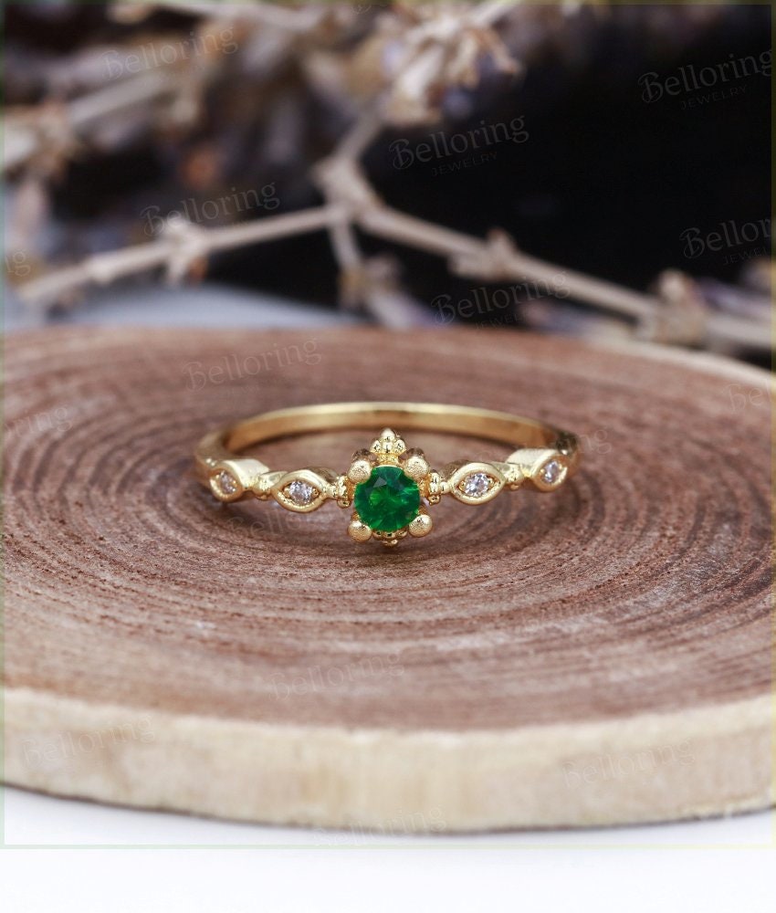 Emerald Engagement Ring  yellow Gold wedding vintage round cut Art Deco unique diamond ring  Promise Anniversary wedding ring