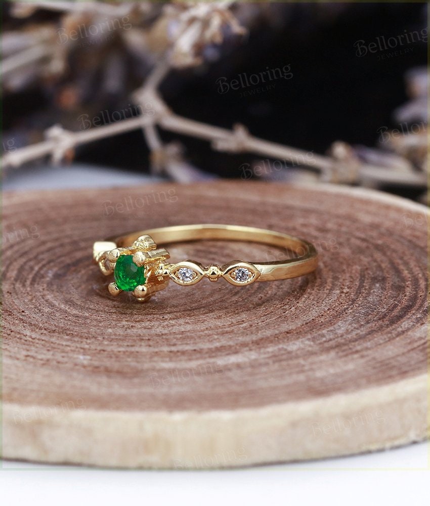 Emerald Engagement Ring  yellow Gold wedding vintage round cut Art Deco unique diamond ring  Promise Anniversary wedding ring