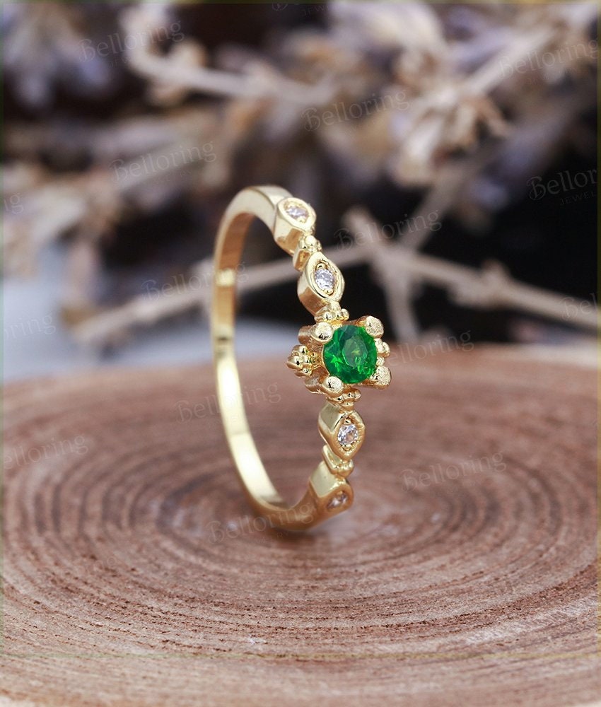 Emerald Engagement Ring  yellow Gold wedding vintage round cut Art Deco unique diamond ring  Promise Anniversary wedding ring