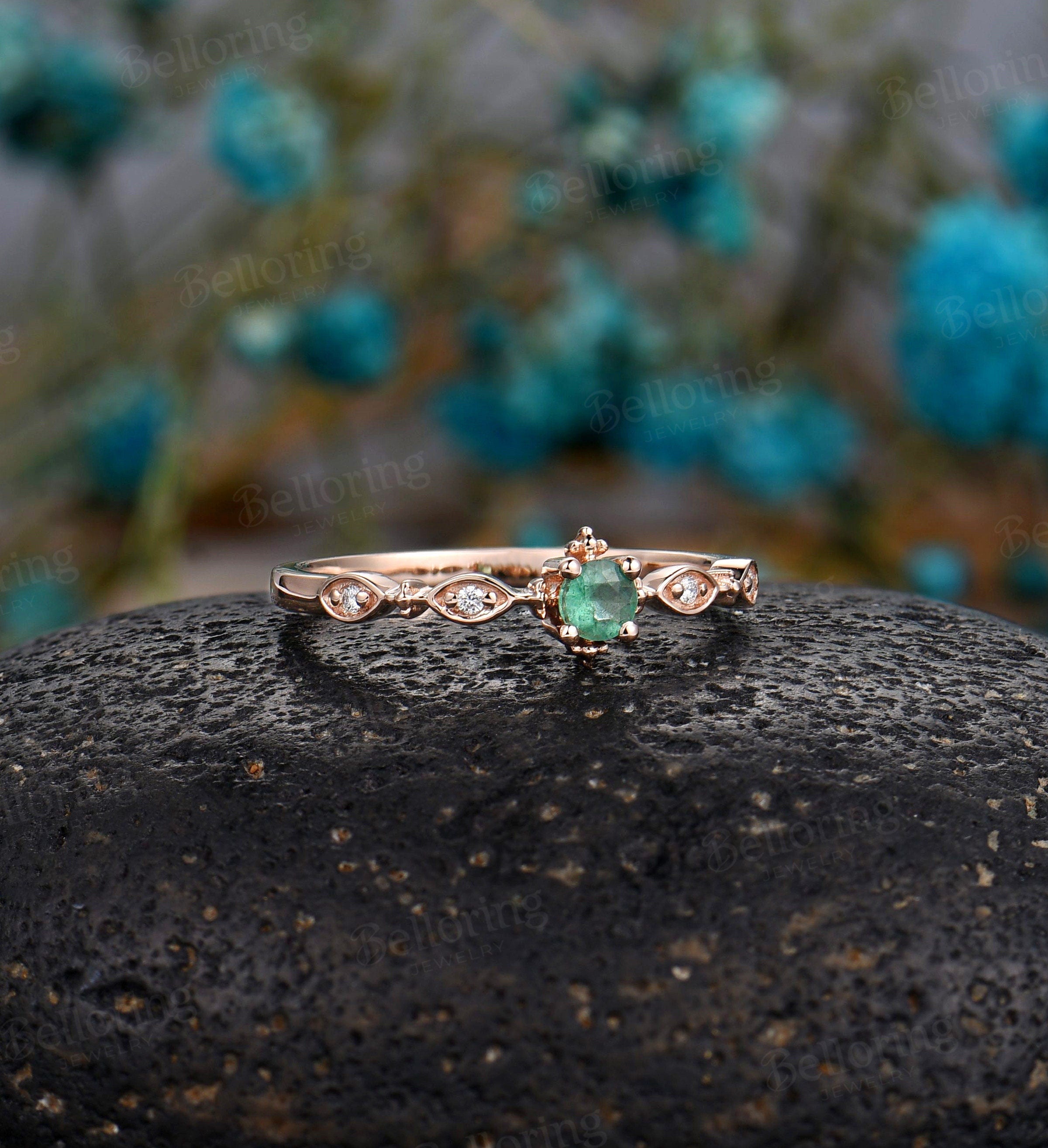 Emerald Engagement Ring rose gold ring wedding vintage round cut ring Art Deco unique diamond ring Promise Anniversary  ring