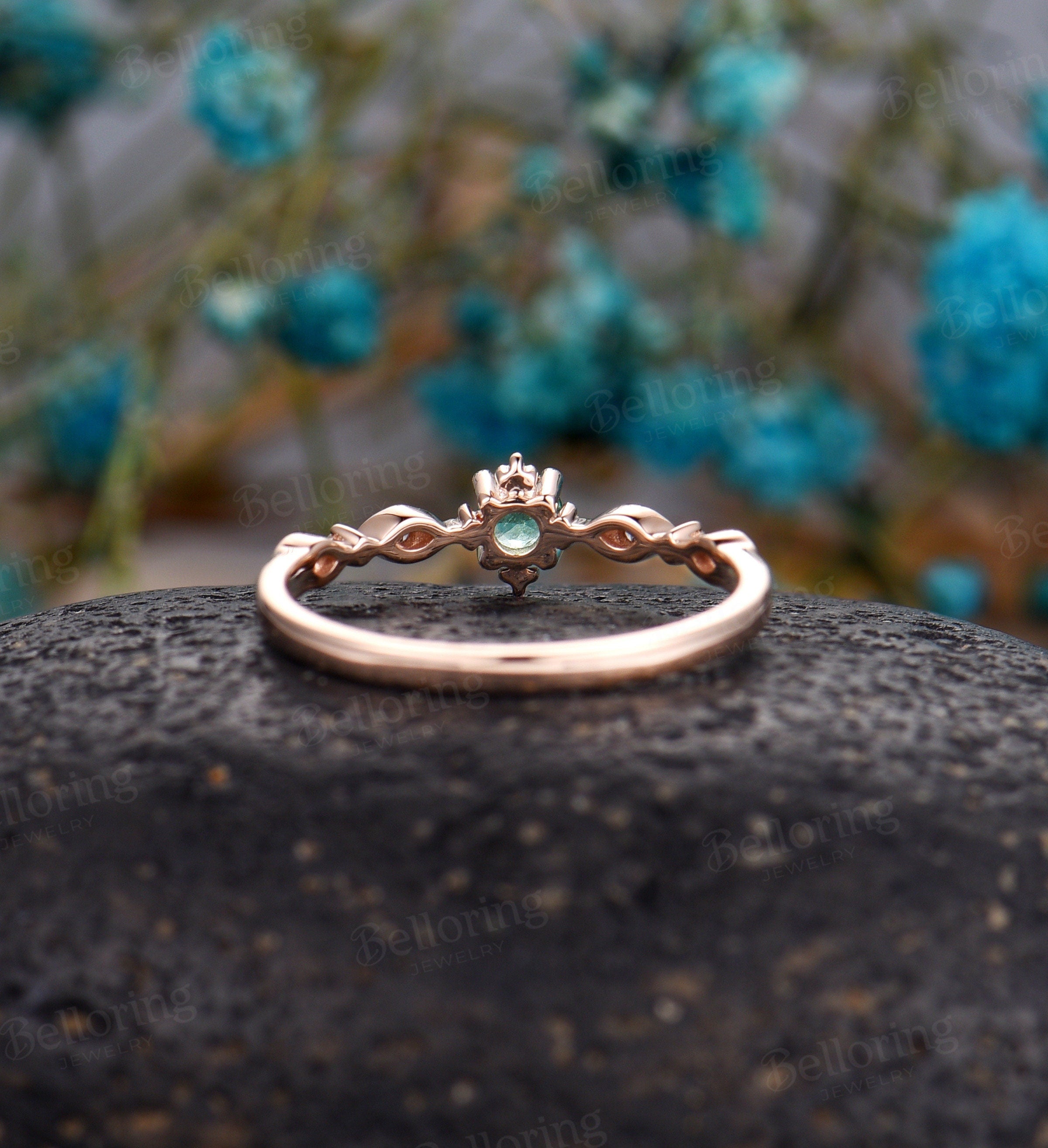 Emerald Engagement Ring rose gold ring wedding vintage round cut ring Art Deco unique diamond ring Promise Anniversary  ring