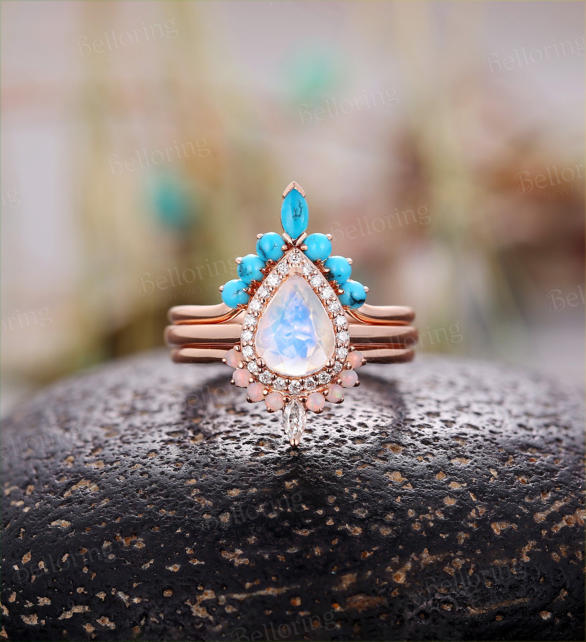 Moonstone engagement ring set  Rose gold pear cut vintage diamond and opal curved band turquoise Wedding band promise ring bridal set