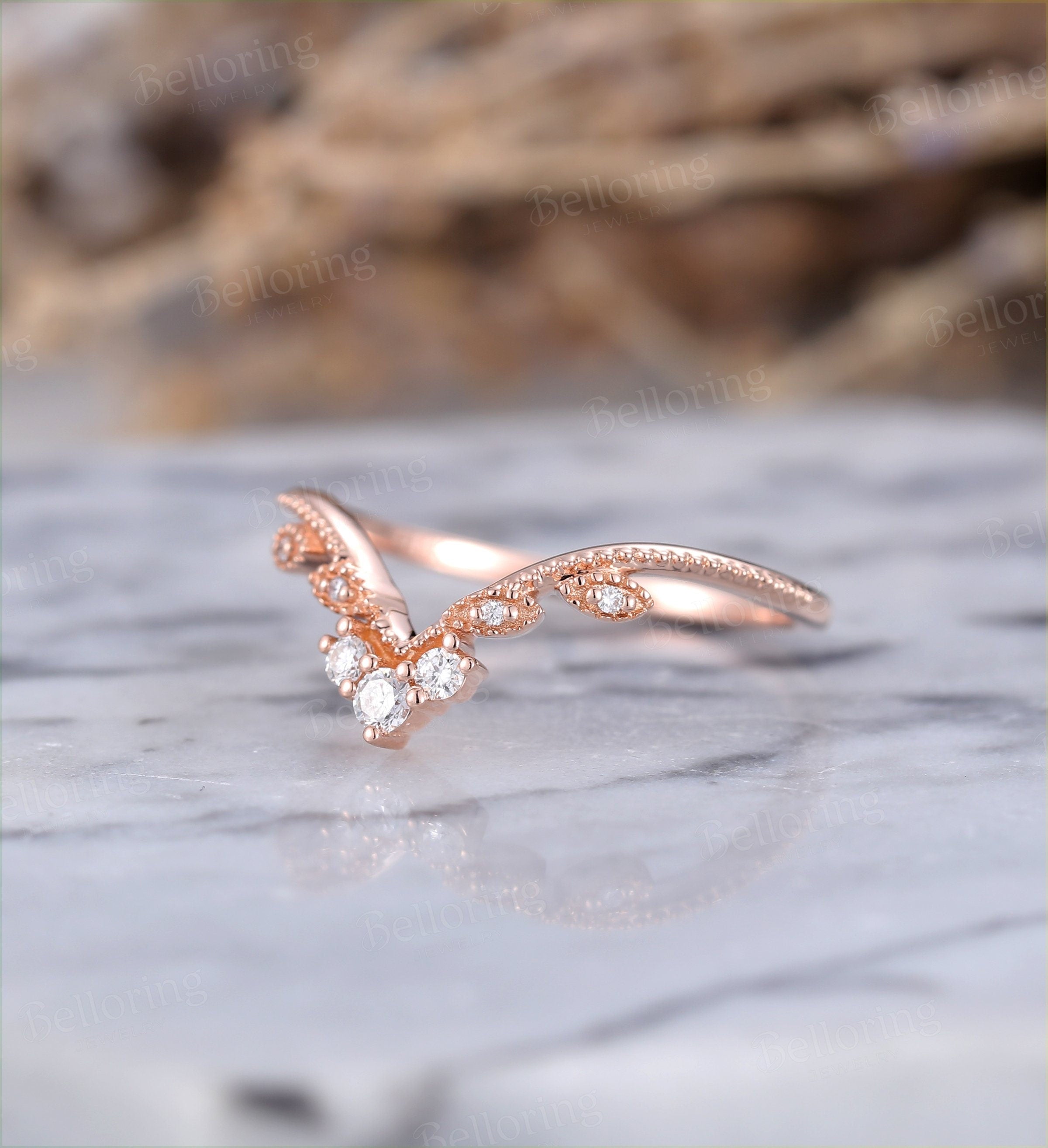 Diamond curved wedding band Vintage  14k rose Gold unique Art Deco Antique leaf wedding ring  Promise Anniversary wedding ring